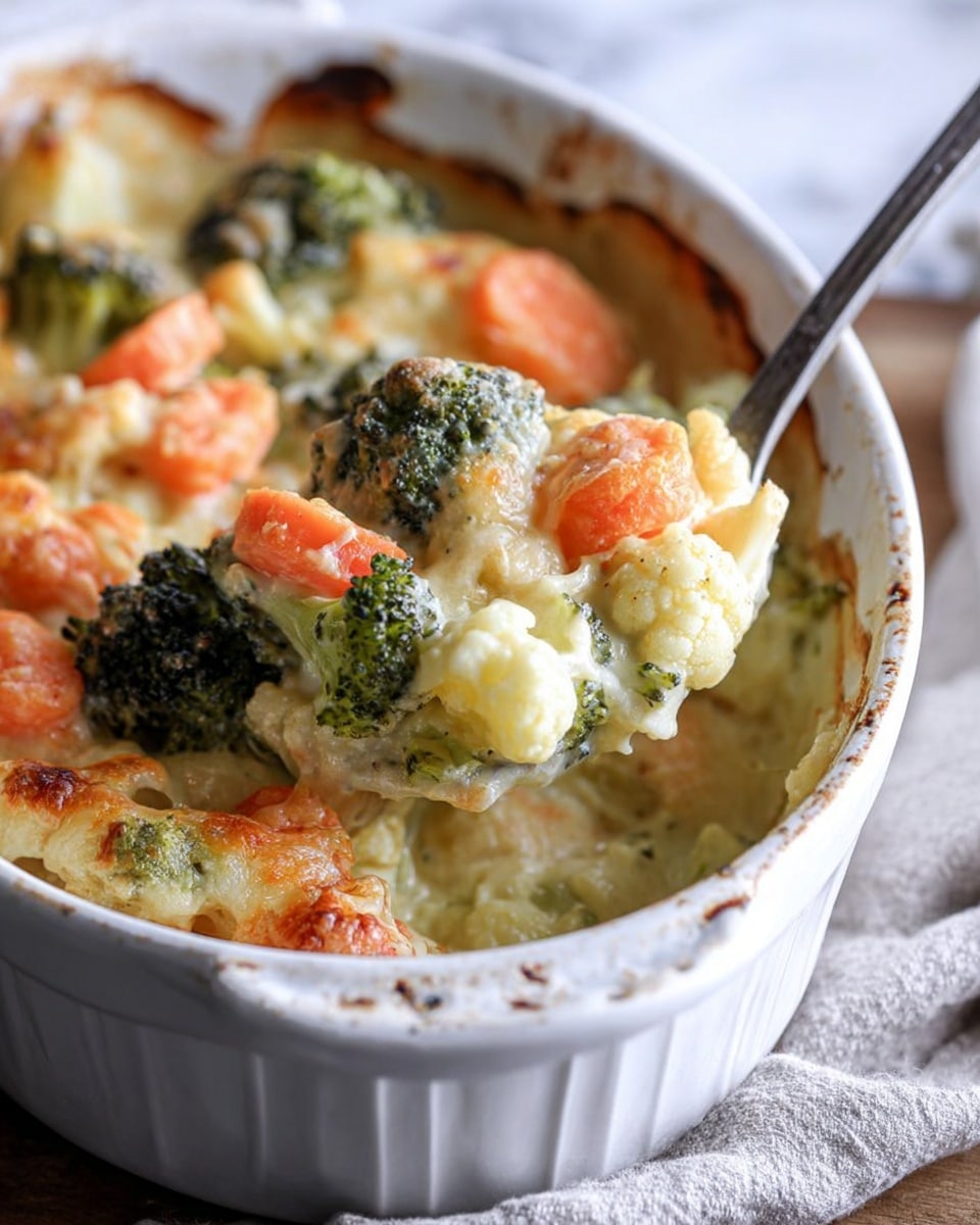 The image shows a white ceramic plate with a serving of baked mixed vegetables including bright orange carrot chunks, light creamy cauliflower florets, and green broccoli florets coated with a thick white cheese sauce sprinkled with small bits of shredded cheese on top. The vegetables are arranged in a loose pile on the plate, and a silver fork rests on the right side of the plate. In the background, there is a large white baking dish filled with more of the same vegetable bake, slightly out of focus, sitting on a rustic wooden surface. Photo taken with an iphone --ar 4:5 --v 7