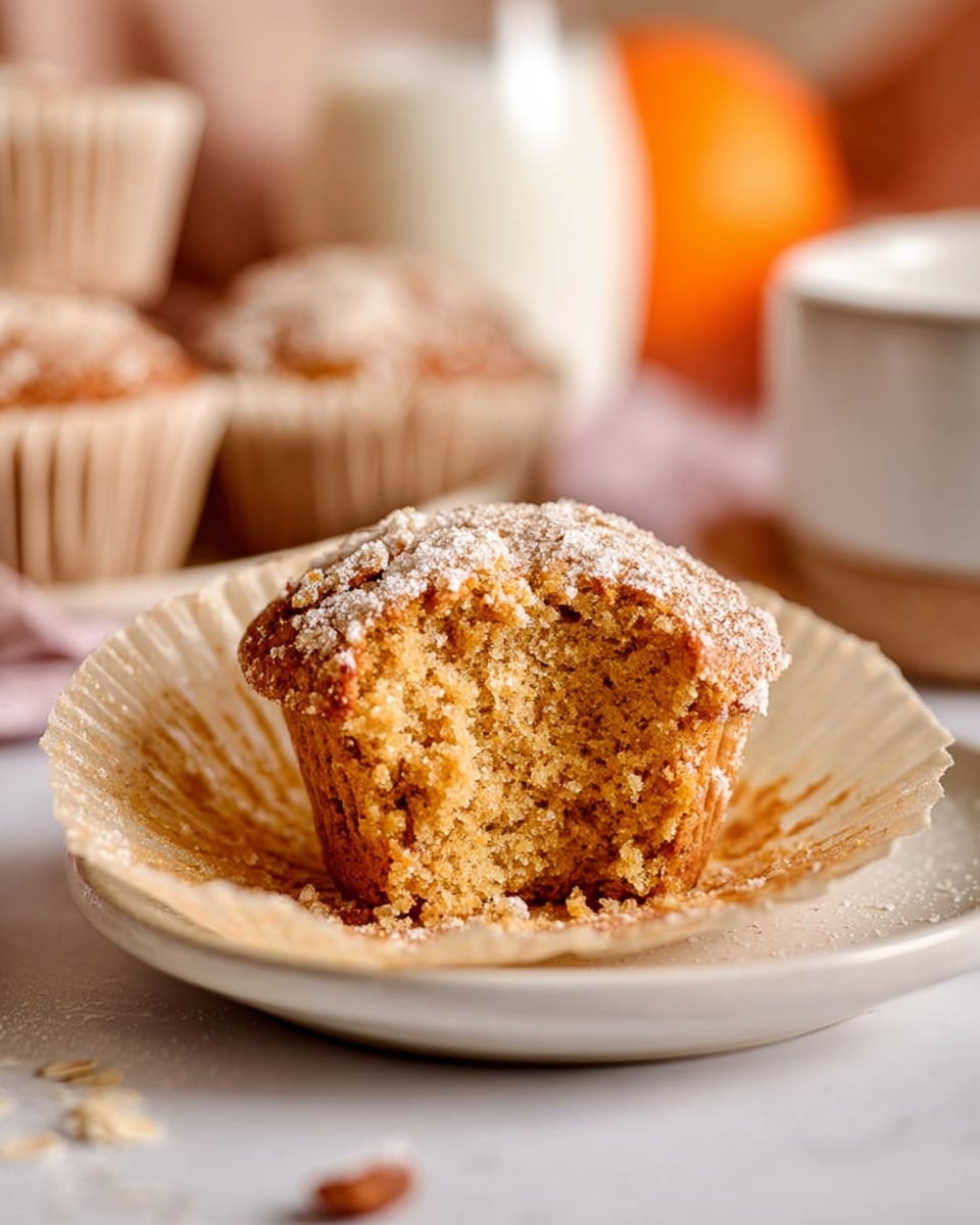 A close-up view of a single muffin with a bite taken out of it, showing its moist, crumbly, light brown inside. The muffin is dusted with a light layer of powdered sugar on top and sits in a beige, crinkled paper liner that is partially peeled away, placed on a round white plate. In the background, slightly out of focus, there are more muffins in similar paper liners on a white marbled surface, along with a glass of milk and a blurred orange object. The overall lighting is soft and warm, highlighting the texture of the muffin and paper liner. Photo taken with an iphone --ar 4:5 --v 7