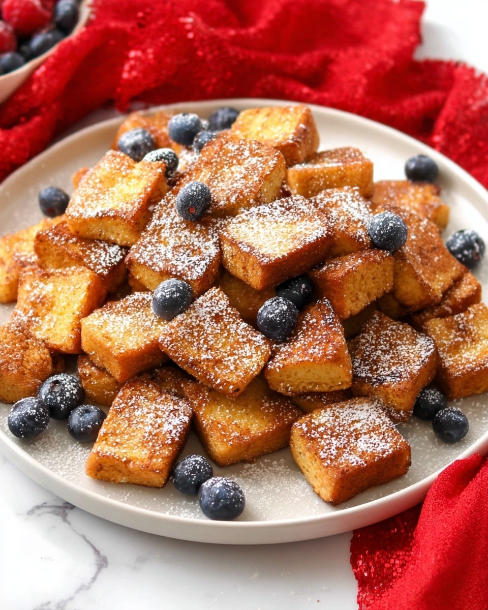 The image shows a white plate filled with multiple pieces of golden-brown French toast cut into small square shapes. The toast pieces are stacked unevenly and sprinkled with a light dusting of powdered sugar. Scattered around the toast are several plump, dark blue blueberries. In the background, there is a vibrant red cloth that adds a pop of color and contrasts with the white marbled surface the plate rests on. The textures are crispy on the toast edges and soft in the middle, with the blueberries adding a smooth, shiny element. photo taken with an iphone --ar 4:5 --v 7