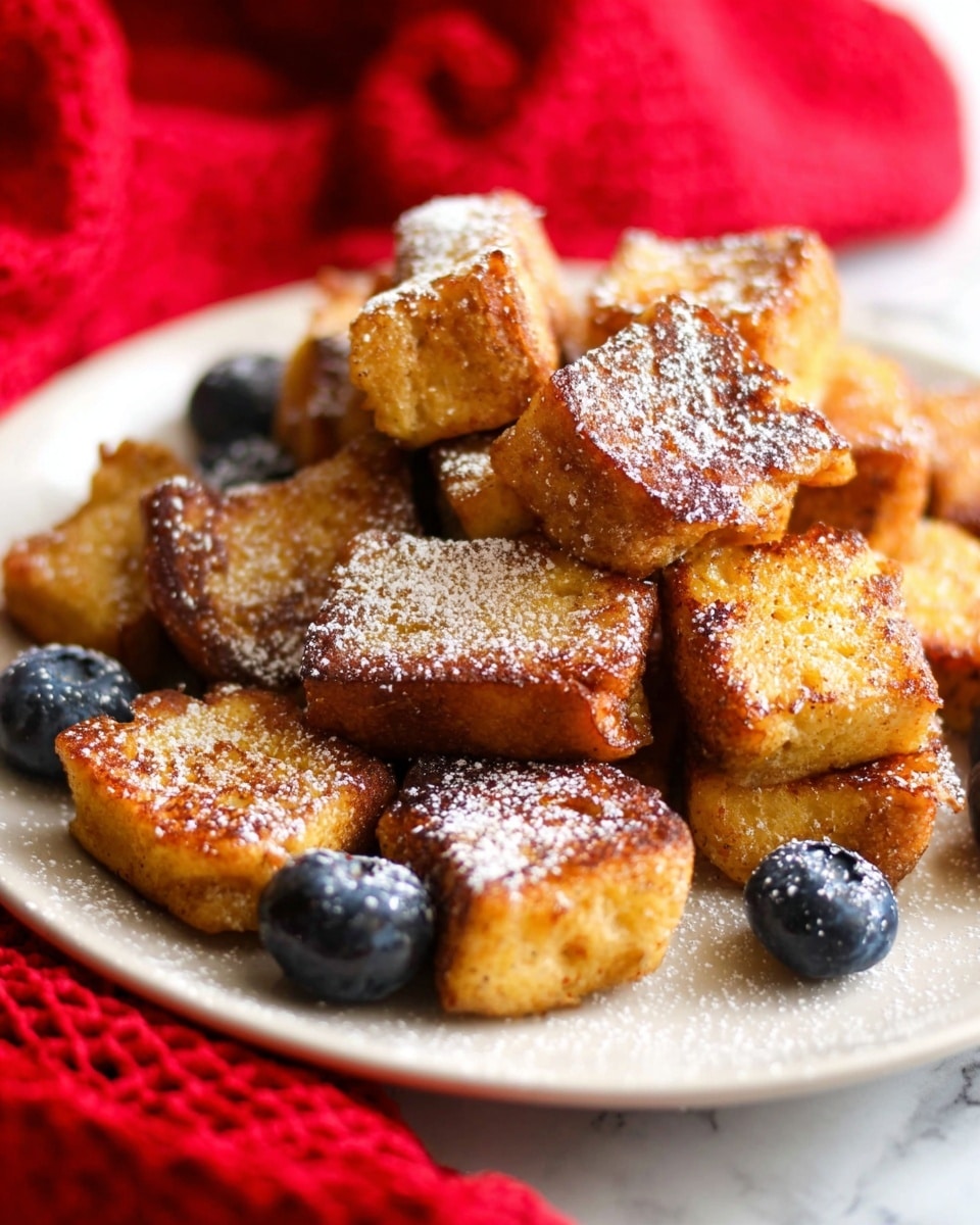 A white plate is heaped with many small golden-brown, square pieces of French toast dusted lightly with white powdered sugar. Scattered among the toast pieces are fresh, plump blueberries that add dark blue pops of color. The toast pieces have a crispy texture and a warm, toasted look. In the background, a red cloth with soft folds and a slightly rough texture is visible on a white marbled surface. Photo taken with an iphone --ar 4:5 --v 7
