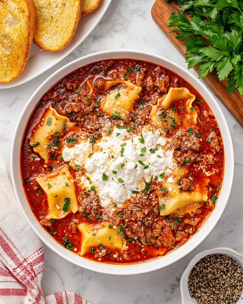 A black slow cooker is filled with a rich red tomato sauce covered with square ravioli pieces that are orange-yellow with ruffled edges. The dish shows a thick meat sauce base with bits of browned ground meat, and bright green chopped herbs scattered on top. Around the slow cooker, there are two white bowles filled with grated cheese and a creamy white sauce, a small clear bowl containing coarse black pepper, and a bunch of fresh green parsley on a wooden board. The whole setup is on a white marbled surface with a blue and white checkered cloth nearby. Photo taken with an iphone --ar 4:5 --v 7