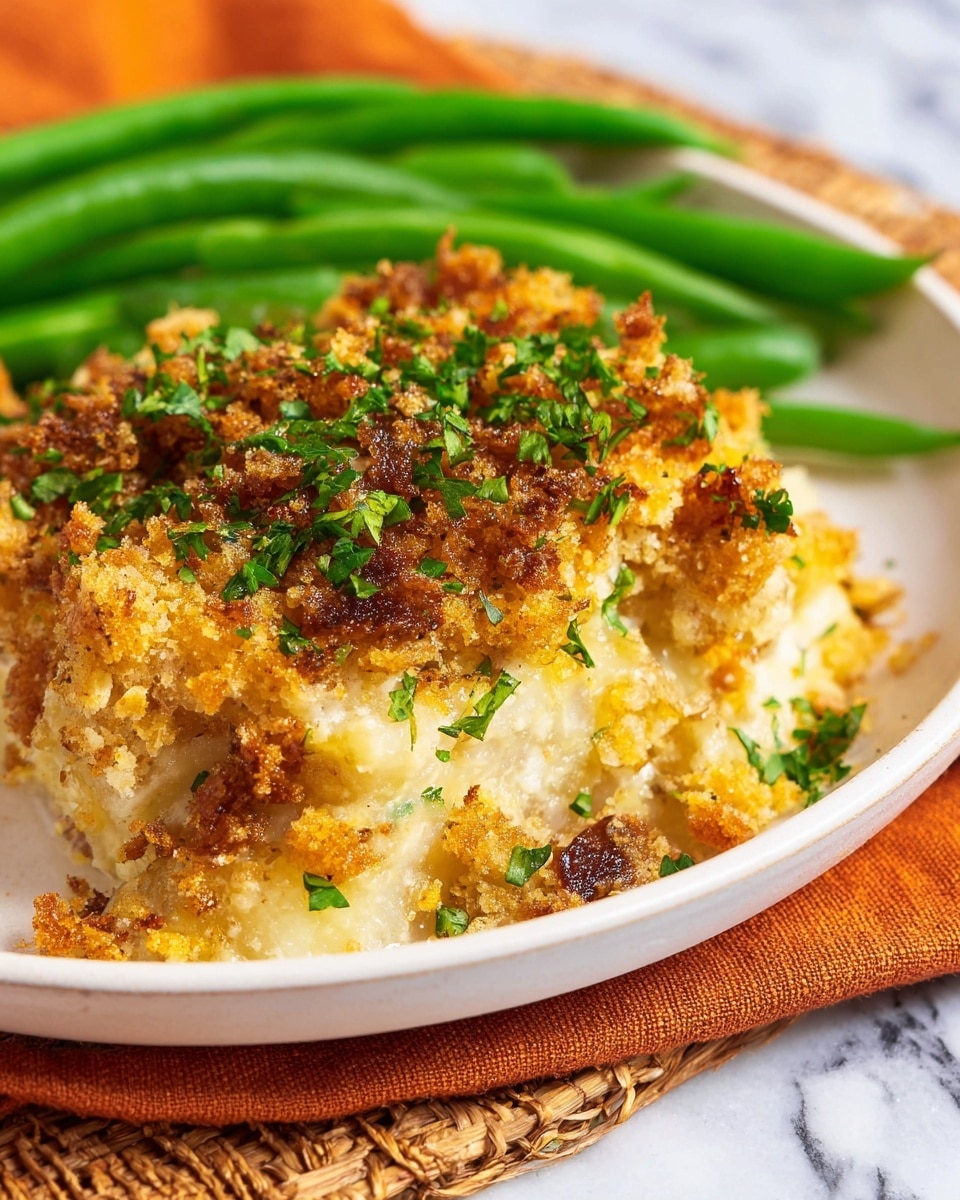 A white plate holds a two-layer dish with green beans on the left; the bottom layer is a creamy, pale yellow casserole base with a soft texture, topped by a thick, golden-brown breadcrumb crust mixed with small bits of herbs and browned pieces, sprinkled with fresh green herbs. The green beans are bright green, fresh, and slightly shiny. The plate is set on an orange fabric napkin on top of a woven mat and placed on a white marbled surface. In the background, there are wooden salt and pepper shakers and a yellow-gold fork beside a drink in a glass. photo taken with an iphone --ar 4:5 --v 7