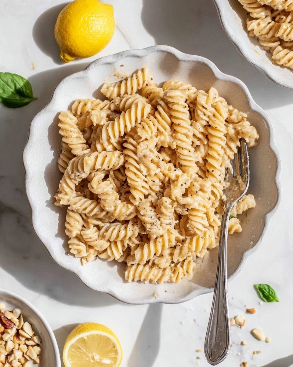 A white scalloped bowl holds a single layer of plain rotini pasta that is off-white and slightly creamy in color with a smooth texture. A woman's hand is pouring golden olive oil over the pasta from a clear small pitcher, adding shine and wetness to the pasta surface. A few thin lemon strips rest on top of the pasta, adding light yellow accents. A fork rests inside the bowl on the right side, and in the background, two more white scalloped bowls with extra pasta and lemon wedges can be seen. The whole setup sits on a bright white marbled surface with soft natural light. photo taken with an iphone --ar 4:5 --v 7