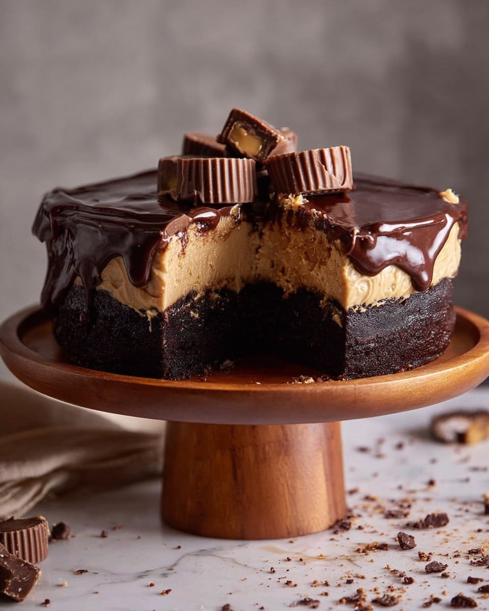 The image shows a round cake with three visible layers. The bottom layer is a dark, rich chocolate cake with a dense texture. Above it sits a light brown creamy peanut butter layer, smooth and thick. The top layer is a shiny, dark chocolate glaze that covers the whole cake and drips slightly down the sides. On top of the cake are several mini peanut butter cups, some whole and some cut in half, placed in a small pile at the center. The cake is on a wooden cake stand with a warm, natural finish. The surface beneath is a white marbled texture with scattered chocolate crumbs and bits of peanut butter cups. Photo taken with an iphone --ar 4:5 --v 7