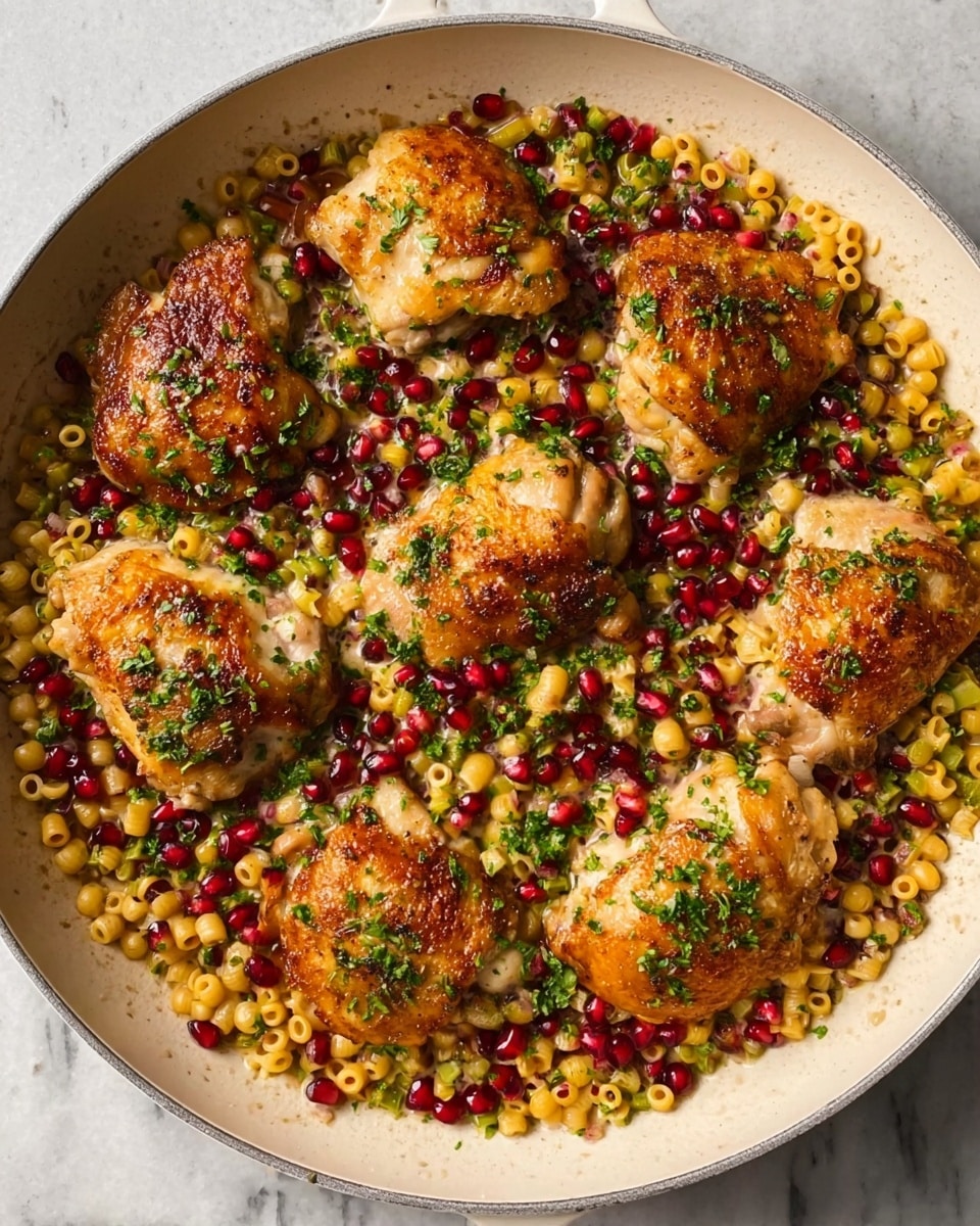 The image shows six pieces of cooked chicken thighs in a white baking dish with a red outer edge. The chicken pieces are golden brown with a creamy, herb-speckled sauce coating them, giving a slightly glossy texture. The background surface is a white marbled texture. photo taken with an iphone --ar 4:5 --v 7