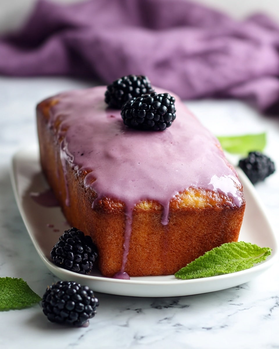 Three slices of soft yellow cake with purple swirls run through the middle of each slice, placed on a white plate. The cake has a golden brown crust around the edges, and the purple swirls add a textured look inside the cake. The plate is decorated with two dark purple blackberries and two green leaves, creating a fresh contrast with the cake. The setting is on a white marbled surface, with parts of other white plates holding more cake slices visible in the background. photo taken with an iphone --ar 4:5 --v 7