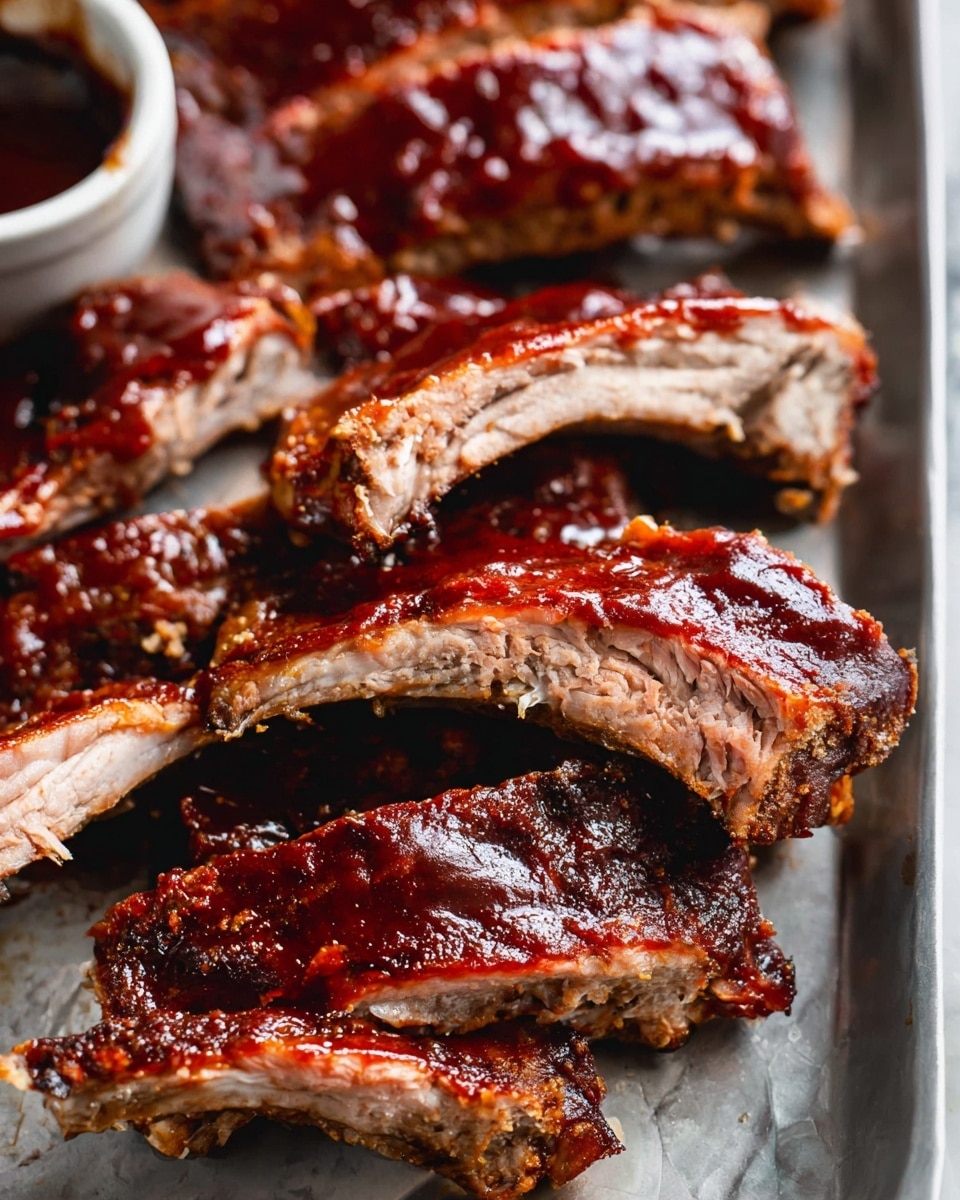 A tray holds three pieces of ribs with thick, glossy reddish-brown barbecue sauce covering the top layer, creating a sticky and shiny texture. The ribs rest on a shiny silver foil sheet, with the bones sticking out from one side showing a light brown color and smooth texture. The ribs' meat layer underneath the sauce is well-cooked, showing a dark golden brown color with a slightly rough surface. The tray is on a white marbled texture surface, adding a clean and bright contrast to the rich colors of the ribs. photo taken with an iphone --ar 4:5 --v 7