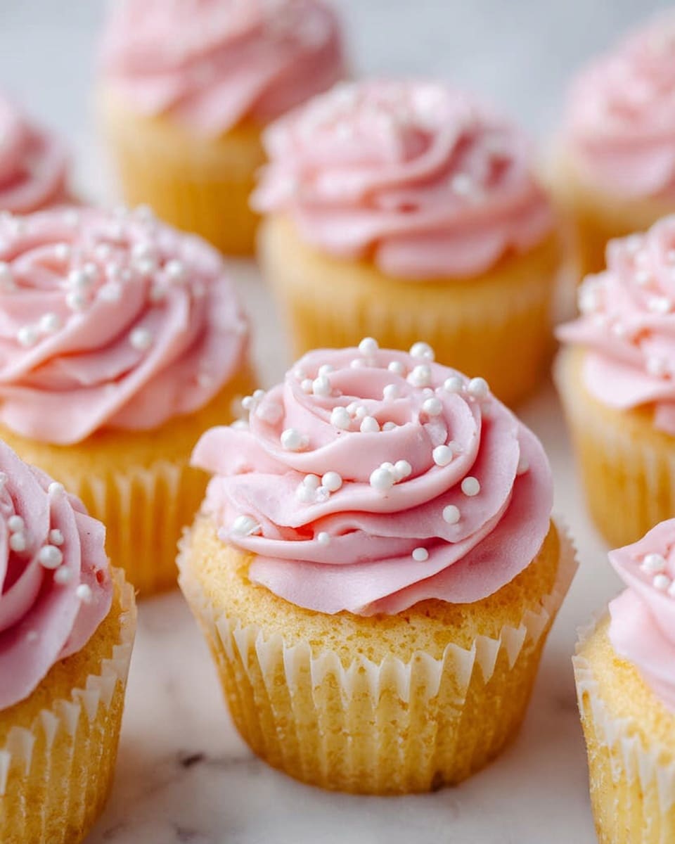 The image shows a close-up of four vanilla cupcakes with light pink swirled frosting, decorated with small white pearl sprinkles. One cupcake in the center is cut in half, revealing three layers: a soft yellow cake base, a middle layer of red jam filling, and a top layer of pink frosting. The cupcakes are placed on a light wood cutting board next to a honey dipper with honey on a white marbled surface. The cupcake liners are pale yellow and slightly crinkled around the base. Photo taken with an iphone --ar 4:5 --v 7