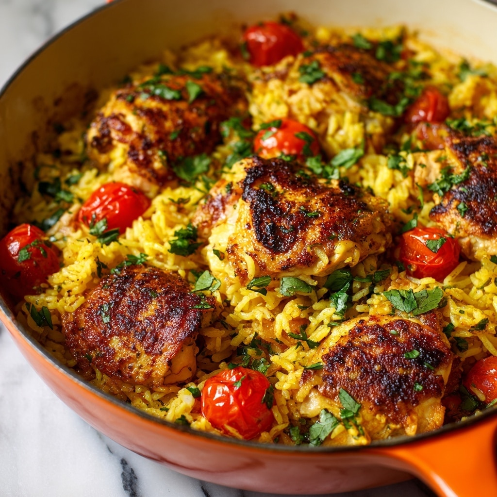 A close-up view inside a pot filled with a vibrant yellow rice dish layered with browned, seasoned chicken pieces scattered throughout; the rice has a fluffy texture mixed with wilted green leafy herbs and cooked red cherry tomatoes adding bright pops of color. The rice appears saffron-infused or spiced, with bits of onion visible, and the chicken pieces sit on top and partially mixed within the rice, showing a crispy, textured surface. The pot is partially visible at the bottom with a bright orange exterior, resting on a white marbled surface. photo taken with an iphone --ar 4:5 --v 7