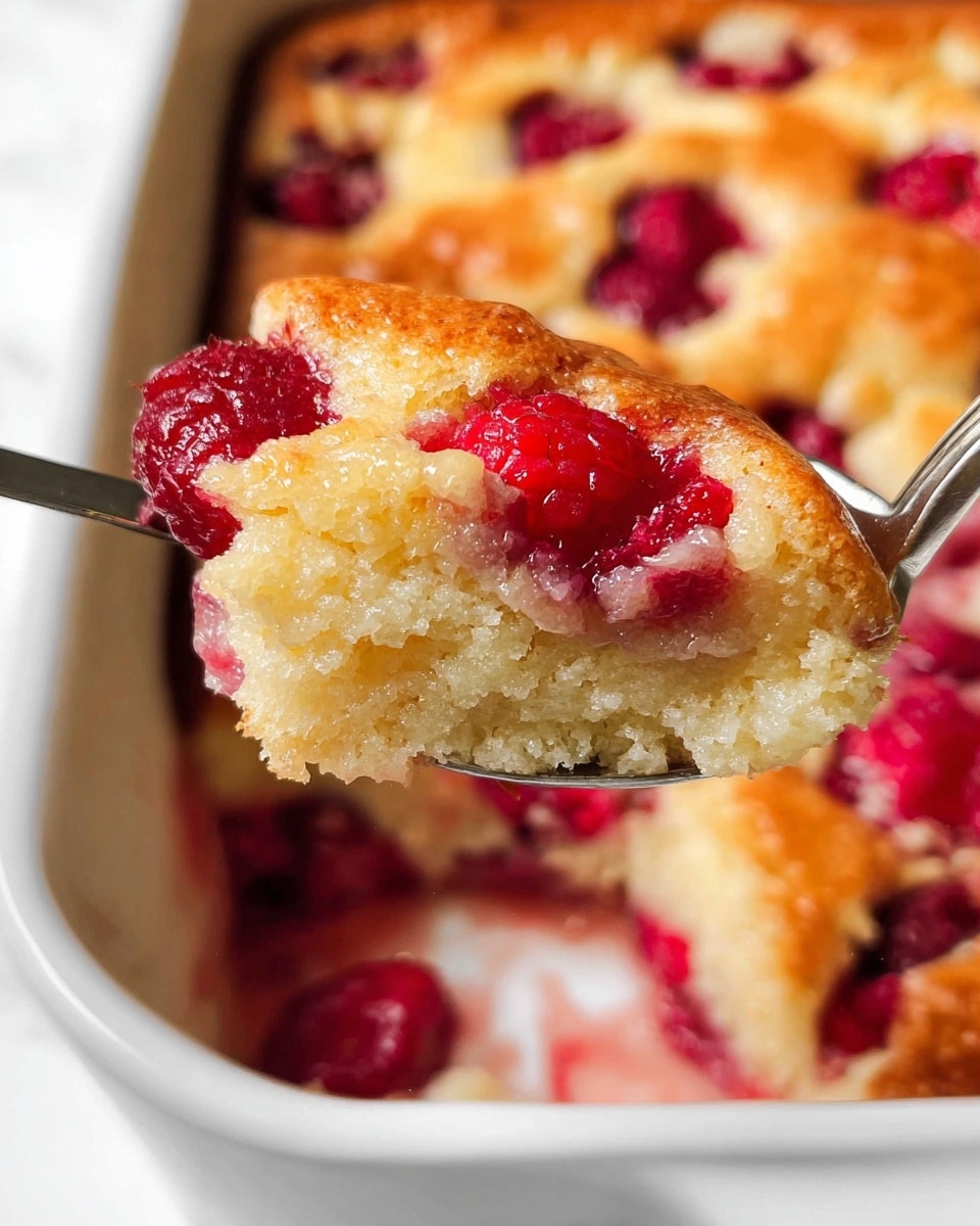 A close-up of a soft, golden brown baked vanilla cake with bright red raspberries baked inside, showing a slightly glossy top from sugar or glaze, with tender, fluffy texture, lifted on a silver spoon above a white ceramic baking dish filled with more of the same raspberry cake, all placed on a white marbled surface. photo taken with an iphone --ar 4:5 --v 7