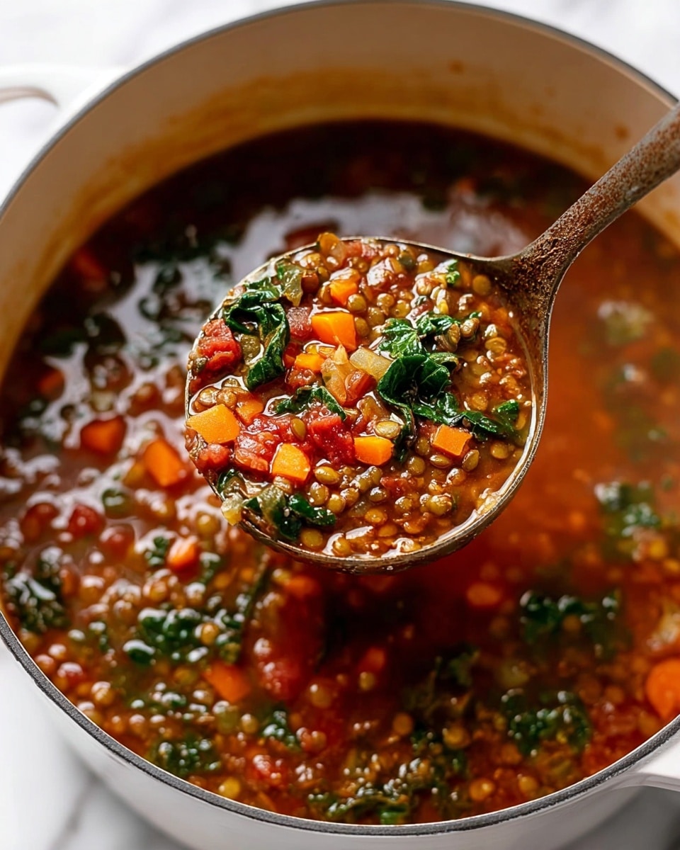 A white bowl filled with thick vegetable soup, showing several layers: bright red tomato chunks and orange carrot pieces floating in a rich, slightly chunky reddish-brown broth, mixed with bits of green spinach leaves and small pieces of celery, sprinkled with black pepper and small grains. A silver spoon rests inside the bowl, partially submerged in the soup. The bowl sits on a white marbled surface with a white cloth nearby and part of a white pot holding more soup visible on the right side. photo taken with an iphone --ar 4:5 --v 7