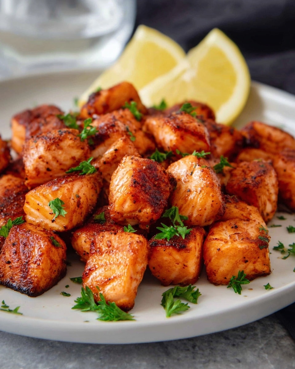 The image shows a white round plate with bite-sized pieces of cooked salmon arranged in a loose pile in the center. The salmon pieces are orange with a slightly charred, glossy texture from the sauce coating them. Small chopped green herbs are sprinkled on top of the salmon, adding contrast. A bright yellow lemon wedge sits on the edge of the plate, partially behind the salmon. A silver fork is partially visible on the left side of the plate, touching the salmon pieces. The plate rests on a white marbled surface. photo taken with an iphone --ar 4:5 --v 7