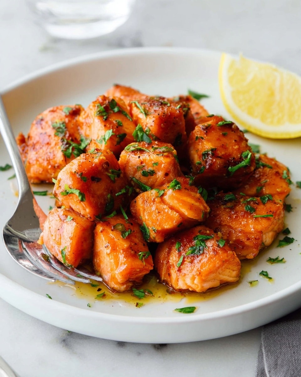 A close-up of a white round plate filled with many small, evenly cooked, golden-brown grilled salmon cubes. Each piece shows a slightly charred texture and is sprinkled with small, fresh green parsley leaves. Two lemon slices are placed neatly at the back edge of the plate. The plate is set on a white marbled texture surface with a blurred dark background visible in the back. photo taken with an iphone --ar 4:5 --v 7