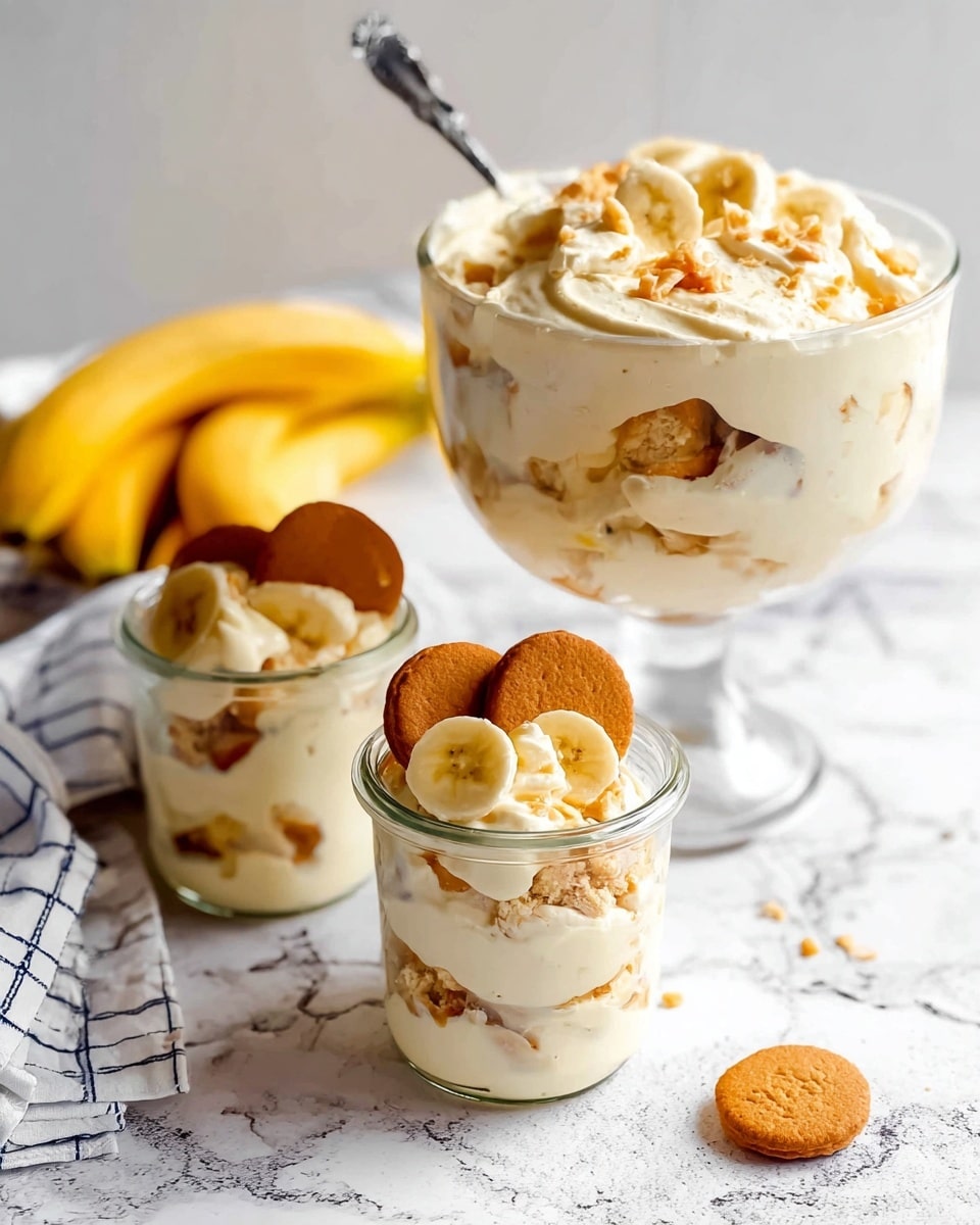 The image shows a clear glass trifle bowl filled with three distinct layers: the bottom layer has sliced yellow bananas, the middle layer consists of white creamy pudding or whipped cream, and the top layer includes a mix of banana slices and light brown round wafer cookies, with another layer of white cream. The bananas are visible pressed against the glass, forming a ring around the middle layer. A silver spoon is partially stuck in the top layer, leaning against the side of the bowl. The bowl is placed on a white marbled surface with a soft, light-colored background. photo taken with an iphone --ar 4:5 --v 7
