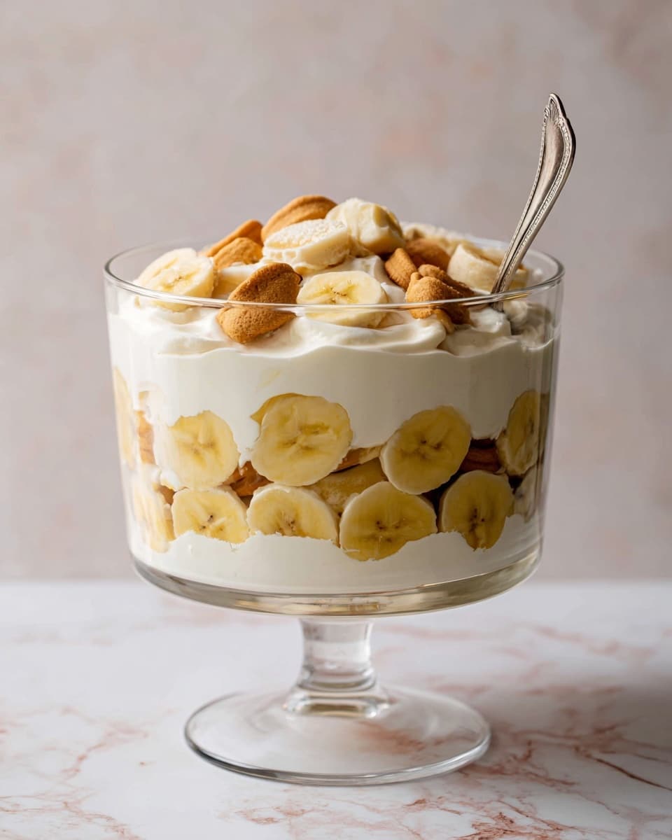 The image shows a dessert made in a tall clear glass bowl behind and two small clear glass jars in front, all on a white marbled surface. The dessert has layers of creamy white pudding mixed with bits of golden brown cookies and slices of pale yellow bananas. Each small jar is topped with a banana slice and a whole round cookie, giving a textured look with soft cream and crunchy cookie pieces. The large bowl in the background is filled with the same creamy mixture, with cookies and banana slices partially visible inside. A metal spoon rests in the large bowl, partly covered by the creamy dessert. A small bunch of ripe yellow bananas and a white checkered cloth sit blurred in the back. A single cookie lies on the surface near the jars. Photo taken with an iphone --ar 4:5 --v 7