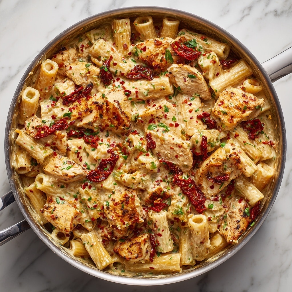 A large silver pan filled with a creamy pasta dish showing tubular pasta pieces mixed with browned chicken breasts and red sun-dried tomato chunks evenly spread. The creamy sauce is light beige with visible green herbs and red chili flakes scattered on top, giving a speckled texture. The chicken pieces are cooked and lightly browned, partially submerged in the sauce and pasta, creating a layered look with the pasta. The pan is placed on a white marbled surface. photo taken with an iphone --ar 4:5 --v 7