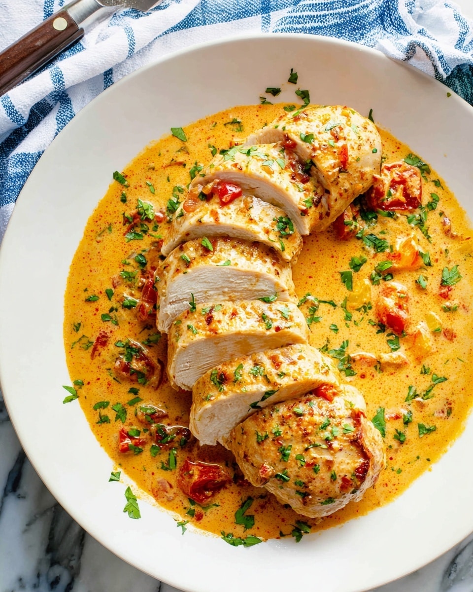 In a black cast iron pan, there are four pieces of browned chicken breasts partially submerged in a creamy orange sauce with visible small bits of tomatoes and herbs. The chicken has a golden-brown crust with a slightly rough texture, and the sauce looks smooth and rich, sprinkled with chopped green herbs. The pan sits on a white marbled surface, and some green leaves are blurred in the background. photo taken with an iphone --ar 4:5 --v 7
