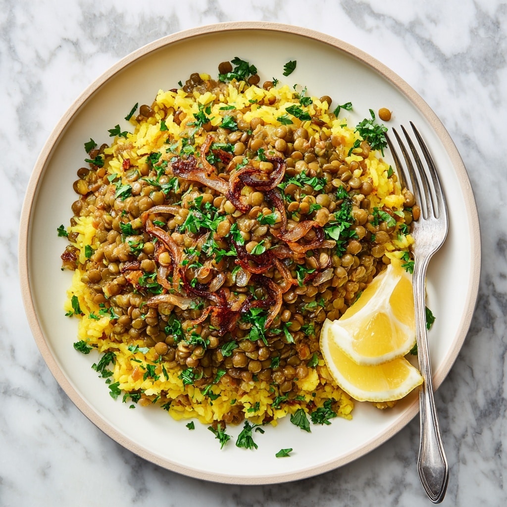 The dish shows a white round plate filled with a single layer of cooked green lentils mixed with yellow rice, giving it a textured and colorful look. On top, there are small pieces of golden-brown caramelized onions scattered across the lentils. Bright green chopped herbs are sprinkled over the dish, adding a fresh touch. To the side of the lentils, there is a light yellow lemon wedge resting on the plate. A metal fork lies on the right edge of the plate. The whole setting is on a white marbled surface. Photo taken with an iphone --ar 4:5 --v 7