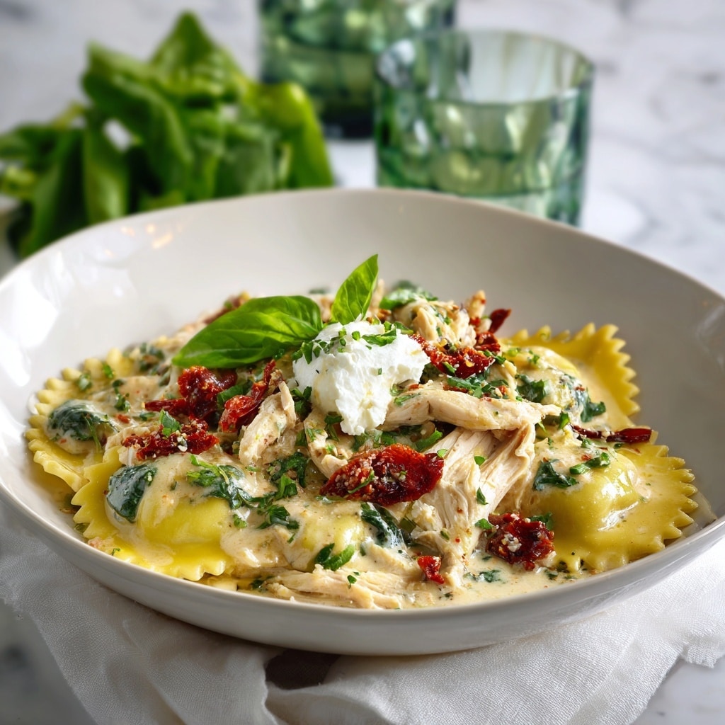A white bowl filled with layers of yellow ravioli pasta at the bottom, partially covered with creamy light beige sauce mixed with pieces of cooked shredded chicken, dark green spinach leaves, and sun-dried red tomatoes. On top of the pasta and chicken, there is a generous dollop of white ricotta cheese sprinkled with small green parsley bits. The bowl sits on a light-colored cloth on a white marbled surface, surrounded by fresh spinach leaves, a wooden spoon to the right, and a glass with a green tint on the upper left side. Photo taken with an iphone --ar 4:5 --v 7