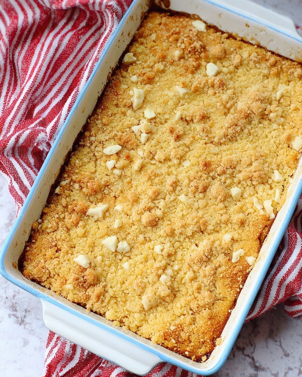 The image shows a square slice of crumbly dessert bar placed in the center of a white plate. The dessert has three visible layers: the bottom layer is a dense, golden brown crumb crust, the middle layer is thick and smooth with a light yellow color and occasional white patches, and the top layer is a chunky, coarse crumb topping in a pale yellow shade. Around the plate, there are scattered orange crumb pieces and crumbs resting on a white marbled surface. In the background, a white cloth with two red stripes is partially visible, with blurred hints of colorful fabric further back. photo taken with an iphone --ar 4:5 --v 7