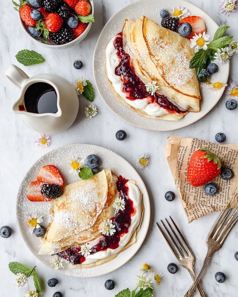 Two white plates each hold three folded crepes filled with white cream and dark red berry jam, dusted lightly with powdered sugar. Each plate is garnished with fresh strawberries sliced in half, whole blueberries, and blackberries, along with small white and yellow edible flowers and green mint leaves. Nearby, a small white bowl contains more fresh mixed berries and flowers. To the side, a white jug holds syrup, with a half strawberry resting next to it on a crumpled piece of paper featuring text. The background is a white marbled surface, and two vintage silver forks lie next to the plates. Scattered blueberries and mint leaves complete the scene. photo taken with an iphone --ar 4:5 --v 7