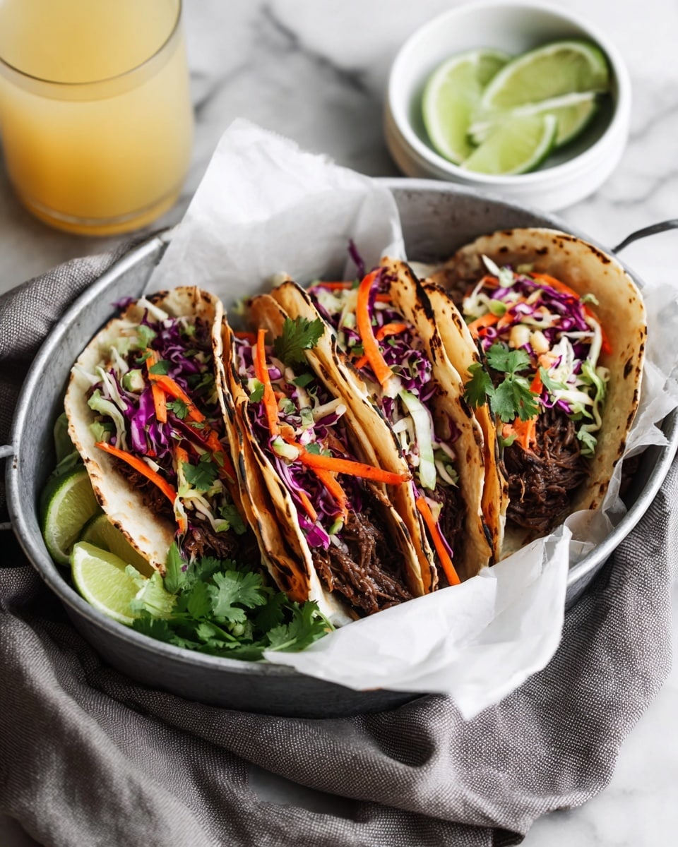 Two soft white tortillas are filled with green leafy lettuce as the base layer, topped with thin bright orange shredded carrots and crisp purple shredded cabbage. On top of these colorful vegetables sits a generous layer of glossy brown cooked meat pieces with a shiny sauce coating. The tacos rest on a white plate placed on a white marbled surface, with a gray knitted cloth and a white ceramic container in the background. photo taken with an iphone --ar 4:5 --v 7