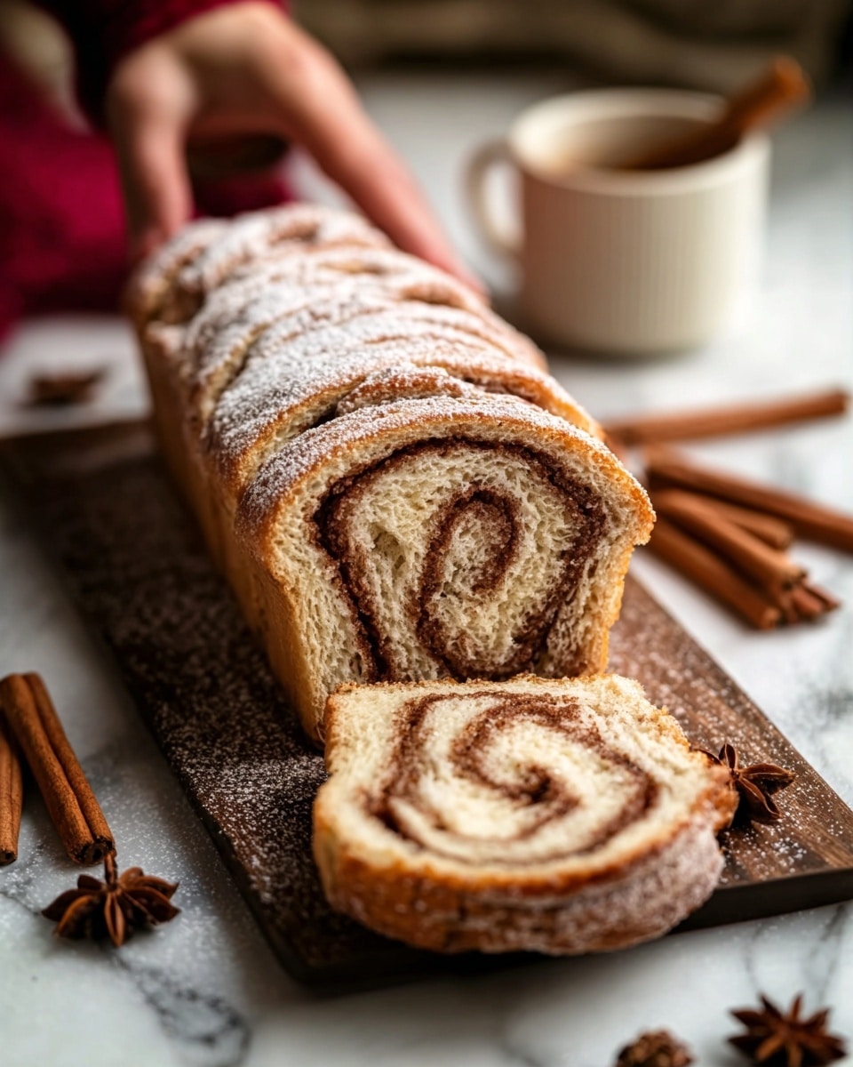 A close-up view of several slices of marble cake showing two layers with swirled patterns; the bottom layer is a light creamy yellow with a soft, moist texture, and the top layer is a light brown with a slightly grainy cinnamon-like texture, both layers blending together in a wavy swirl design. The cake has a golden-brown crust on the top and sides with a crumbly edge, resting on a wooden surface with a couple of cinnamon sticks placed beside the front slice. A brown ceramic cup holding more cinnamon sticks is blurred in the soft background, all set on a white marbled texture. Photo taken with an iphone --ar 4:5 --v 7