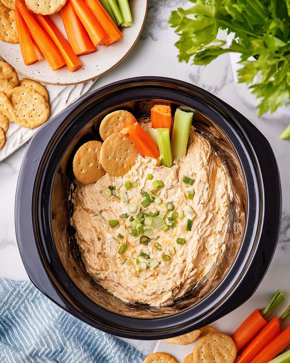 The image shows a black slow cooker filled with a creamy, textured dip with a light tan color and small green herb pieces mixed in. The dip is topped with small chopped green onions scattered on the surface. Around the dip’s edges, there are several round, light-colored crackers and square, slightly darker crackers partially dipped into it. One green celery stick and two orange carrot sticks are also dipped into the mixture from the top right and bottom right corners. The slow cooker is placed on a white marbled surface, surrounded by fresh carrot and celery sticks in the upper left and several more crackers on a white plate at the bottom left. A green plant is visible in the top right corner, and a blue and white striped cloth is placed under the slow cooker in the bottom right. Photo taken with an iphone --ar 4:5 --v 7