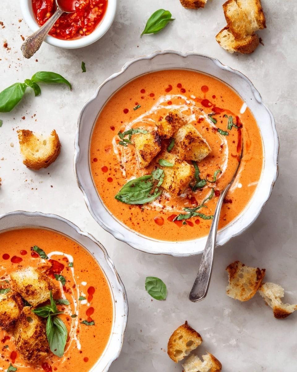Two white scalloped bowls hold creamy tomato soup with a smooth orange surface, swirled with white cream and small red oil drops. Each bowl is topped with golden-brown toasted bread chunks and bright green basil leaves scattered on top. A silver spoon rests in one bowl, partially inside the soup. Around the bowls on a white marbled surface, there are more toasted bread pieces, loose basil leaves, and a small white bowl of chunky red chili sauce with a spoon. The scene is bright and fresh. photo taken with an iphone --ar 4:5 --v 7