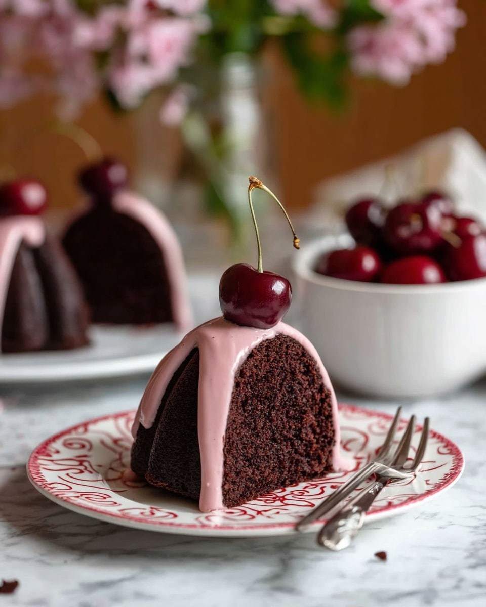 A bundt cake with a dark brown, textured base sits on white parchment paper on a white marbled round plate. The cake is topped with smooth, light pink glaze that drips evenly down the sides. Bright red cherries with stems are placed on top of the glaze, spaced around the cake’s ring shape. In the background, there is a white bowl filled with more cherries. To the left, soft pink roses in a glass vase are visible against a plain dark wall, with the whole scene lit warmly by natural light. photo taken with an iphone --ar 4:5 --v 7