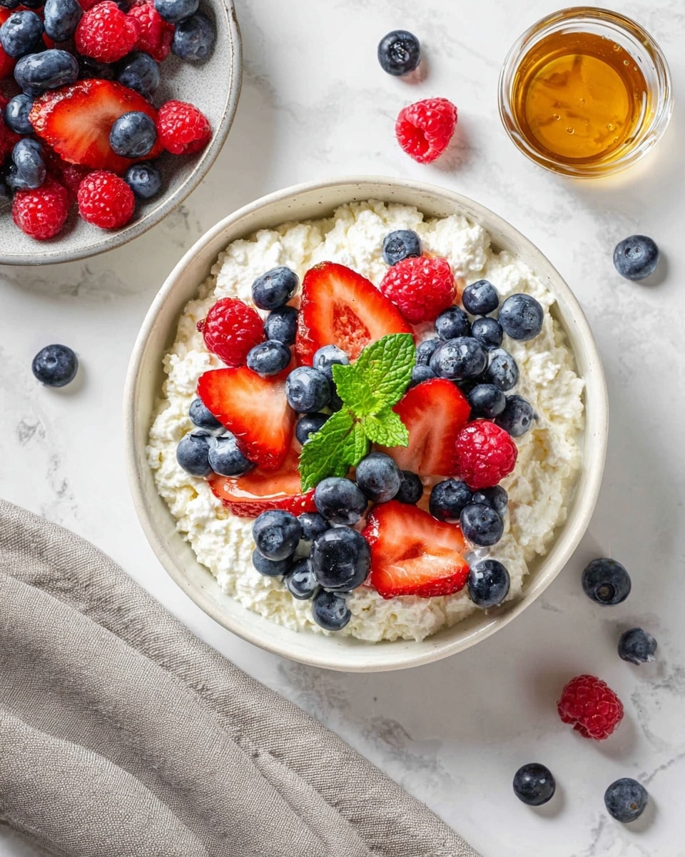 A white bowl filled with a thick layer of white cottage cheese forms the base, topped with a colorful mix of fresh berries including bright red strawberry slices, deep blue blueberries, and vibrant red raspberries scattered evenly on top. A small green mint leaf sits at the center of the berries, adding a fresh touch. Nearby, there is a small glass cup with golden honey, scattered blueberries and raspberries on a white marbled surface, and a gray cloth napkin partially visible to the side. photo taken with an iphone --ar 4:5 --v 7