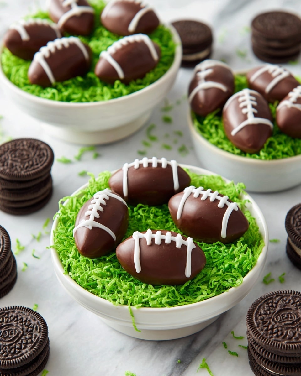 A white bowl is filled with football-shaped chocolate balls with smooth, shiny brown chocolate coating and white icing stitched lines on top to resemble football laces. One chocolate ball in the center is cut in half, revealing a dense, dark brown, crumbly chocolate cake inside. The bowl is placed on a green shredded decoration and the background has a soft focus of similar chocolate balls. The surface under the setup is a white marbled texture. photo taken with an iphone --ar 4:5 --v 7
