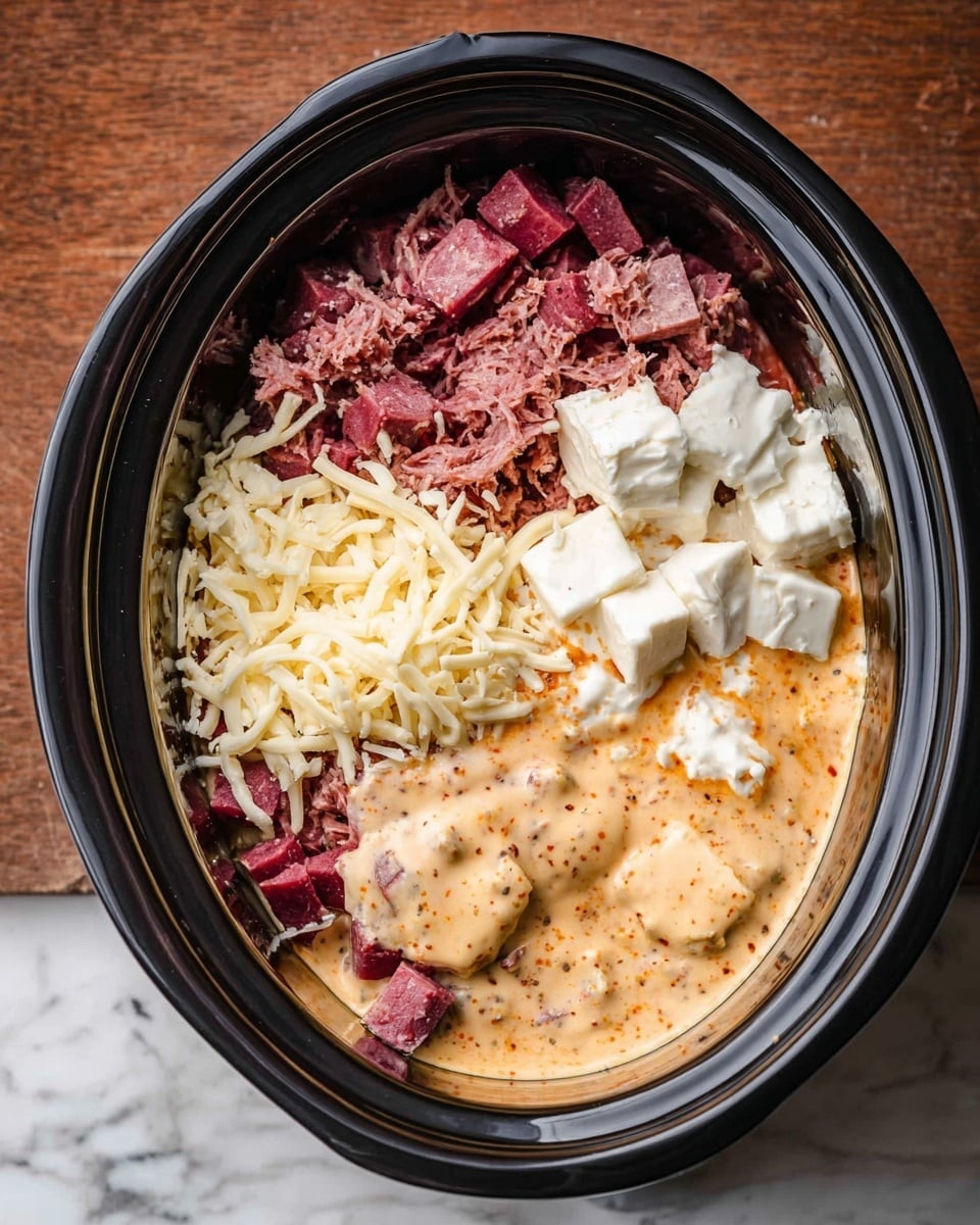 An oval black slow cooker filled with layers of chopped dark pink corned beef on the left side, sprinkled shredded pale yellow cheese covering the middle and top portions, a dollop of white sour cream on the top right, and several small white cream cheese cubes placed near the sour cream over pieces of corned beef underneath. A thick layer of creamy light orange sauce with specks of seasoning lies on top in the center, all ingredients resting inside the cooker on a white marbled surface. Photo taken with an iphone --ar 4:5 --v 7