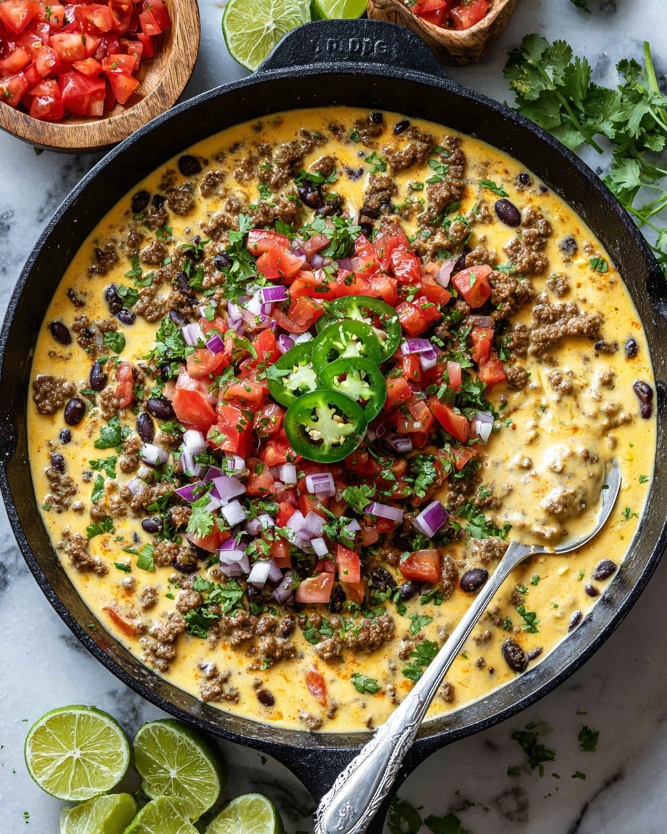 A black skillet filled with creamy yellow cheese dip mixed with brown cooked ground meat and black beans, topped with finely chopped red tomatoes, green jalapeño slices, small pieces of purple onion, and fresh green cilantro leaves in the center. The skillet sits on a white marbled surface surrounded by scattered yellow tortilla chips and halved green limes, with a small white bowl of red salsa visible in the background. Photo taken with an iphone --ar 4:5 --v 7