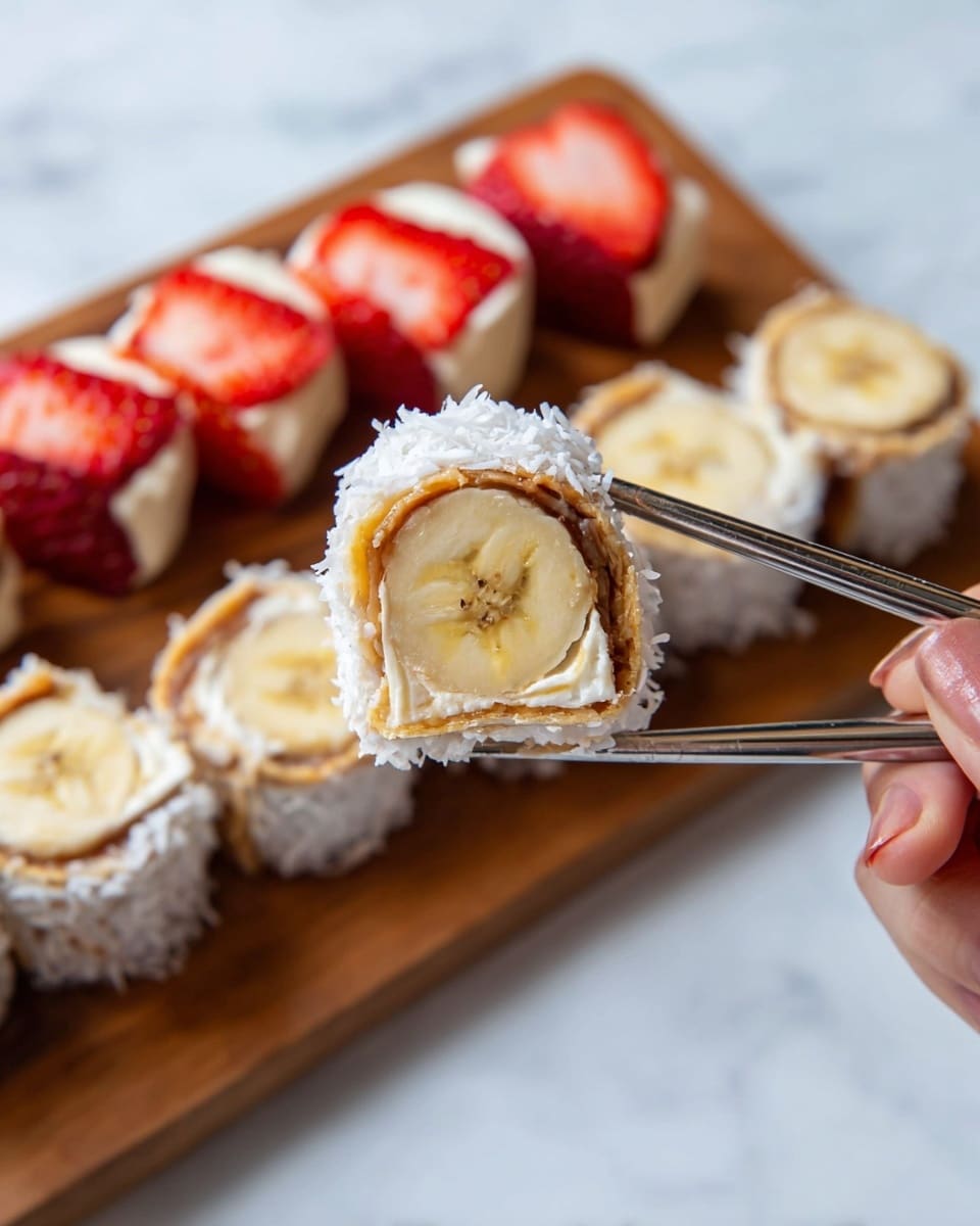 The image shows three banana crepes standing vertically side by side on a wooden board with a white marbled surface below. Each crepe has three visible layers: the outer crepe layer, the banana inside, and a topping. The left crepe has a light brown crepe wrapped around a whole banana, topped with chopped peanut pieces in a golden brown color, creating a rough texture. The middle crepe has a white crepe wrapped around a banana, with a creamy white layer visible on the outside, sprinkled with pink crumbs, and topped with three flat slices of red strawberry. The right crepe has a light brown crepe wrapped around a banana, with a darker brown chocolate spread layer, topped with shredded white coconut flakes. The background features white subway tiles. photo taken with an iphone --ar 4:5 --v 7