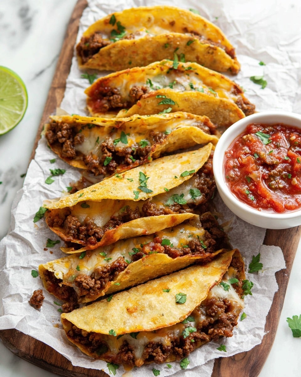 Several tacos are arranged on crumpled white paper placed on a wooden board, all set against a white marbled surface. Each taco has two light golden corn tortillas folded over one layer of browned ground beef mixed with melted cheese, giving a slightly oily, rich texture. Small green cilantro leaves are scattered on top of the tacos and around the board. On the right side, a small white bowl filled with chunky red salsa sits beside the tacos, with bits of tomato and herbs visible in the sauce. A wedge of lime is partially visible in the upper left corner, adding a fresh touch. Photo taken with an iphone --ar 4:5 --v 7