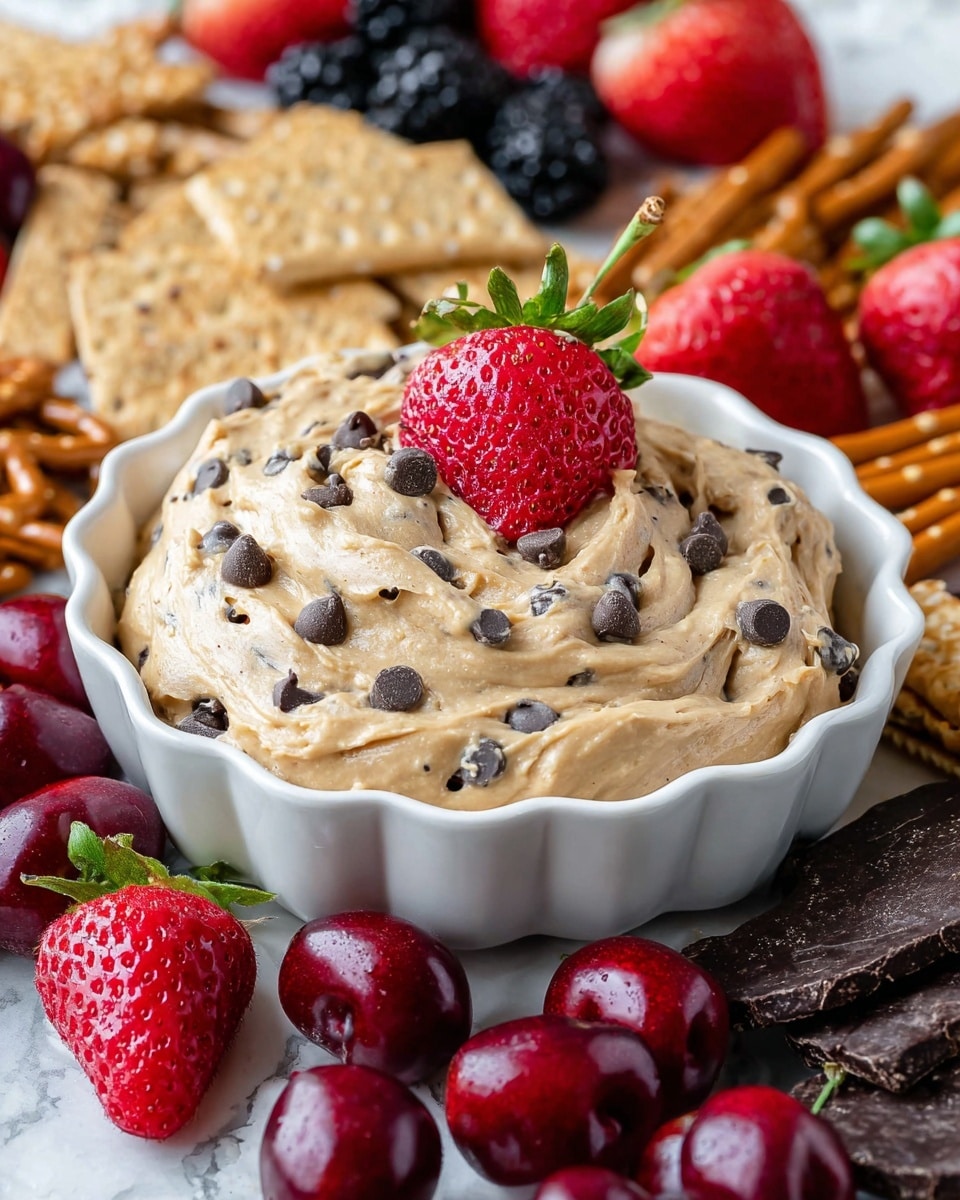A white scalloped bowl in the center filled with creamy, light brown cookie dough dip studded with small dark chocolate chips, topped with a halved bright red strawberry. Surrounding the bowl is an arranged assortment of fresh red strawberries, whole dark cherries, shiny blackberries, golden round vanilla wafer cookies to the right, and chocolate-covered pretzels piled at the top. At the bottom, there are beige rectangular wafer cookies and light brown square graham crackers layered together. All items are placed on a white marbled surface. Photo taken with an iphone --ar 4:5 --v 7