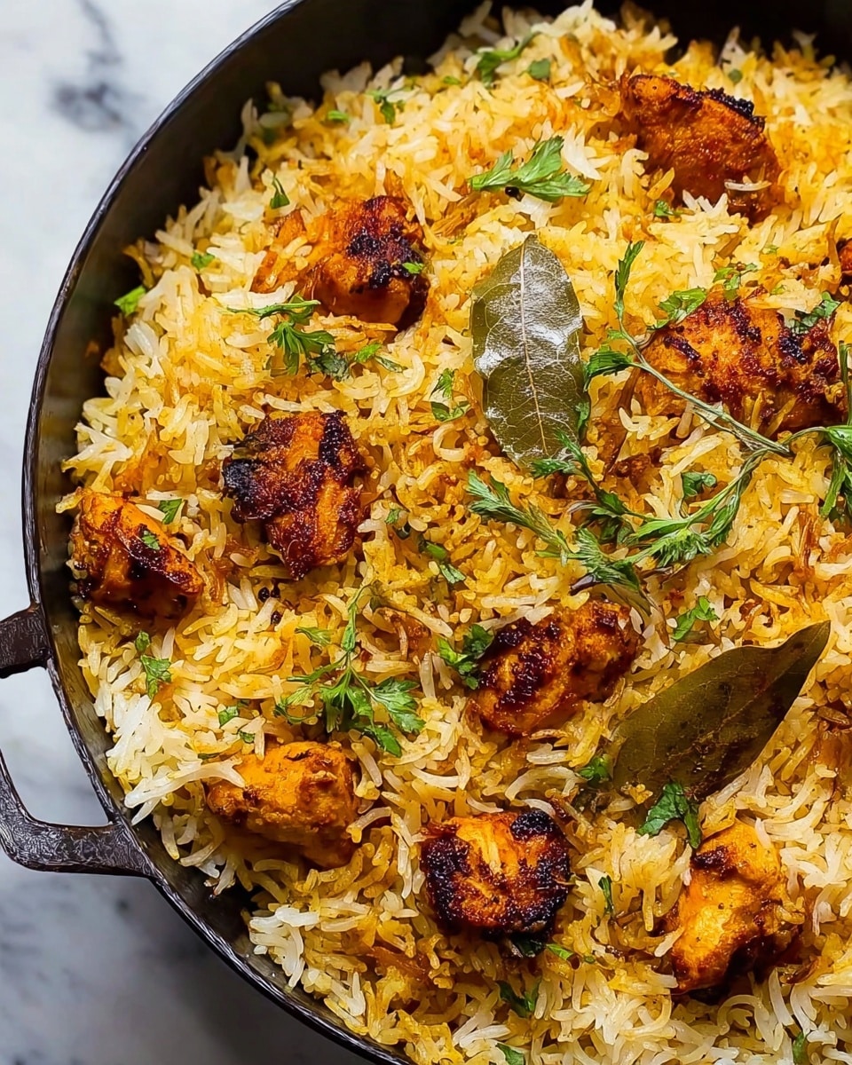 A close-up view of a black cast iron pan filled with biryani made of fluffy yellow and white long-grain rice mixed with browned chunks of chicken. The chicken pieces have a crispy, charred texture with a golden-orange color, scattered evenly throughout the rice. Garnishing the dish are small fresh green herb sprigs and whole dried bay leaves resting on top, creating a vibrant contrast. The pan rests on a white marbled surface, enhancing the warm colors of the biryani. photo taken with an iphone --ar 4:5 --v 7