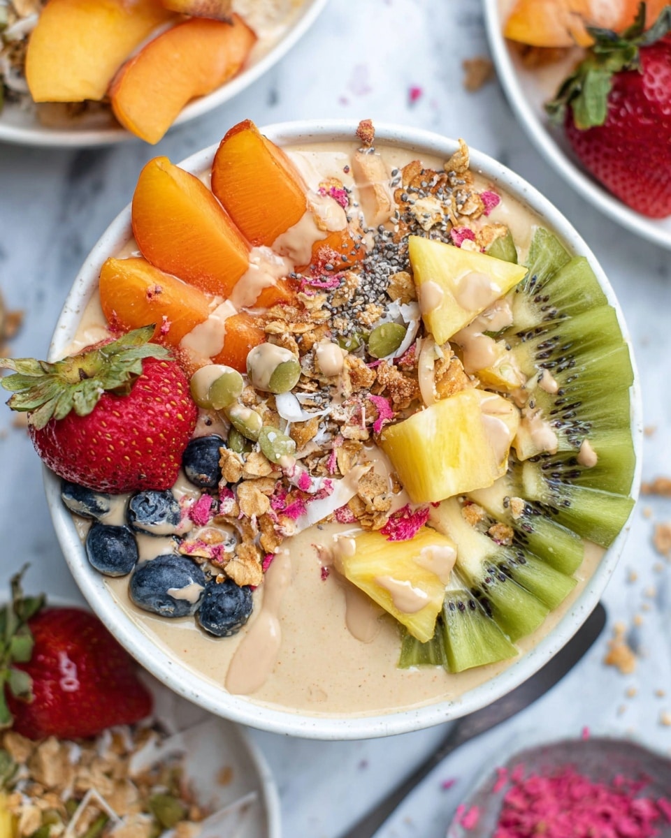 A white bowl filled with a creamy beige smoothie base covering the bottom and middle, topped with a variety of fresh and frozen fruits and granola. On the left side, bright orange peach slices sit next to small frozen blueberries and a large frozen strawberry with visible green leaves. Toward the center, loose granola with small pieces of dried coconut and seeds spreads over the smoothie. Above the granola are large triangular pieces of pink grapefruit and yellow pineapple chunks. On the right side, a radial fan of green kiwi slices contrasts with a few frozen grayish cherries with long stems. Everything is lightly drizzled with a smooth pale sauce, and small pieces of pink freeze-dried fruit are sprinkled over. The bowl rests on a white marbled surface with glimpses of other bowls and fruit in the blurred background. Photo taken with an iphone --ar 4:5 --v 7