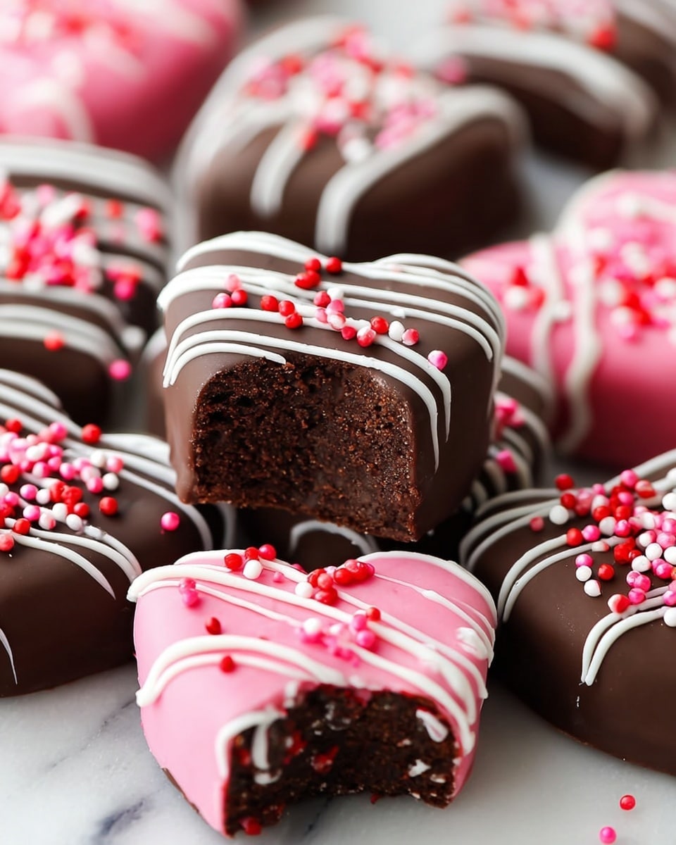 A white heart-shaped plate with a red rim is filled with heart-shaped cookies, some covered in dark chocolate with white drizzle and pink, white, and red round sprinkles, while others are coated in pink icing with white drizzle and sprinkles. Around the plate, there are more heart-shaped cookies decorated in the same way scattered on two heart-patterned napkins, one red with large hearts and the other white with small hearts. There is also a small white round dish filled with pink, white, and red round sprinkles. The whole scene rests on a white marbled surface. Photo taken with an iphone --ar 4:5 --v 7