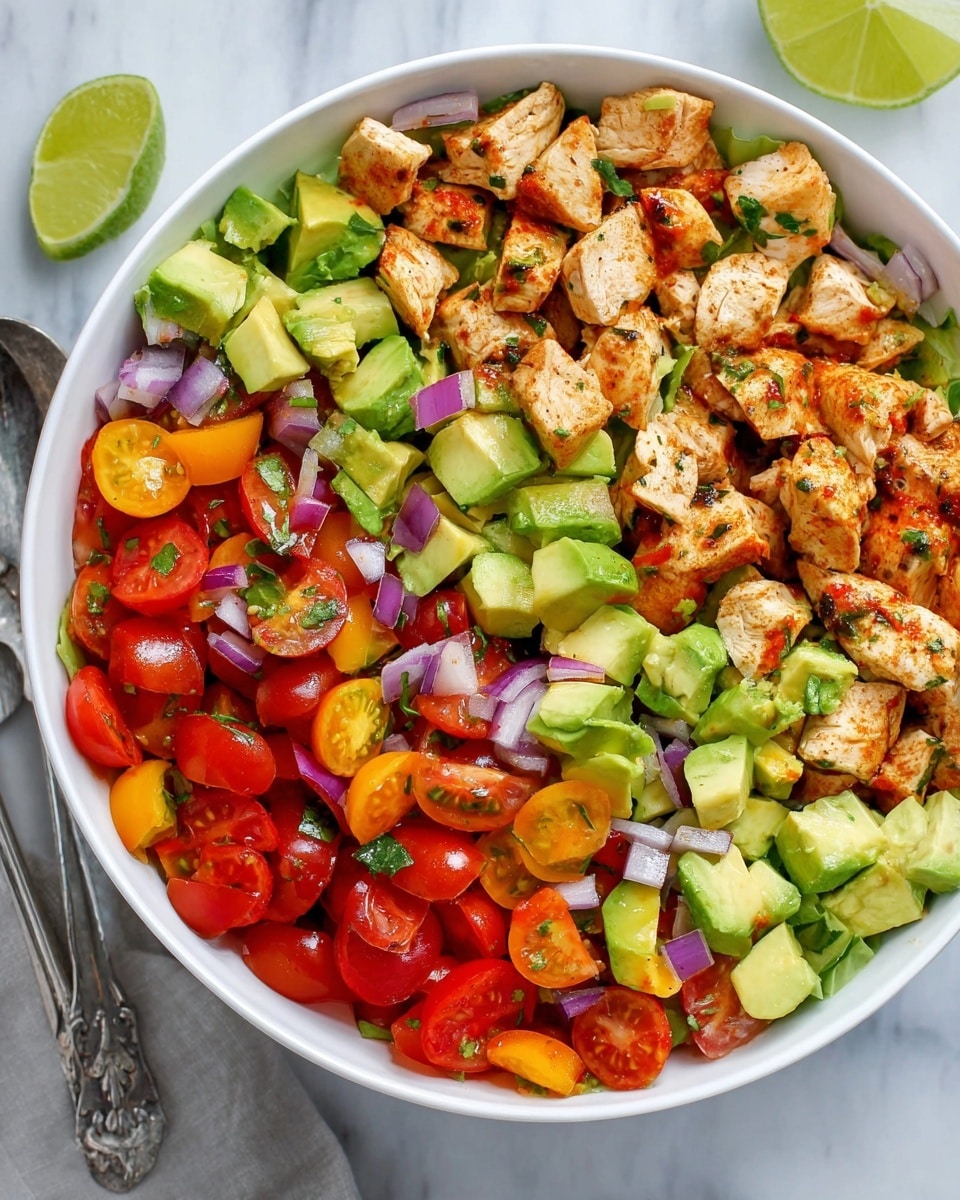 The dish is a bowl of grilled chicken salad served in a white bowl on a white marbled surface with a blue cloth beside it. The salad has three main layers: the bottom layer has diced cucumbers in light green with smooth skin, the middle layer has halved cherry tomatoes in bright red and yellow colors, and the top layer holds charred grilled chicken chunks in golden brown with grill marks, all mixed with chunks of creamy green avocado. Fresh green parsley leaves are scattered across the salad, adding a fresh touch to the colorful and textured layers. photo taken with an iphone --ar 4:5 --v 7