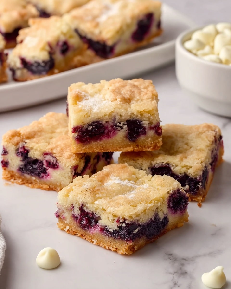 A close-up view of a thick, square blondie with a light golden-brown crust and a soft, moist inside, showing dark purple berry pieces embedded within the batter. The blondie is cut into even square pieces, stacked slightly unevenly, highlighting the crumbly texture and juicy fruit bits. The surface is lightly cracked, revealing a tender, cake-like interior under the baked crust. The dessert is resting on a white marbled surface. photo taken with an iphone --ar 4:5 --v 7