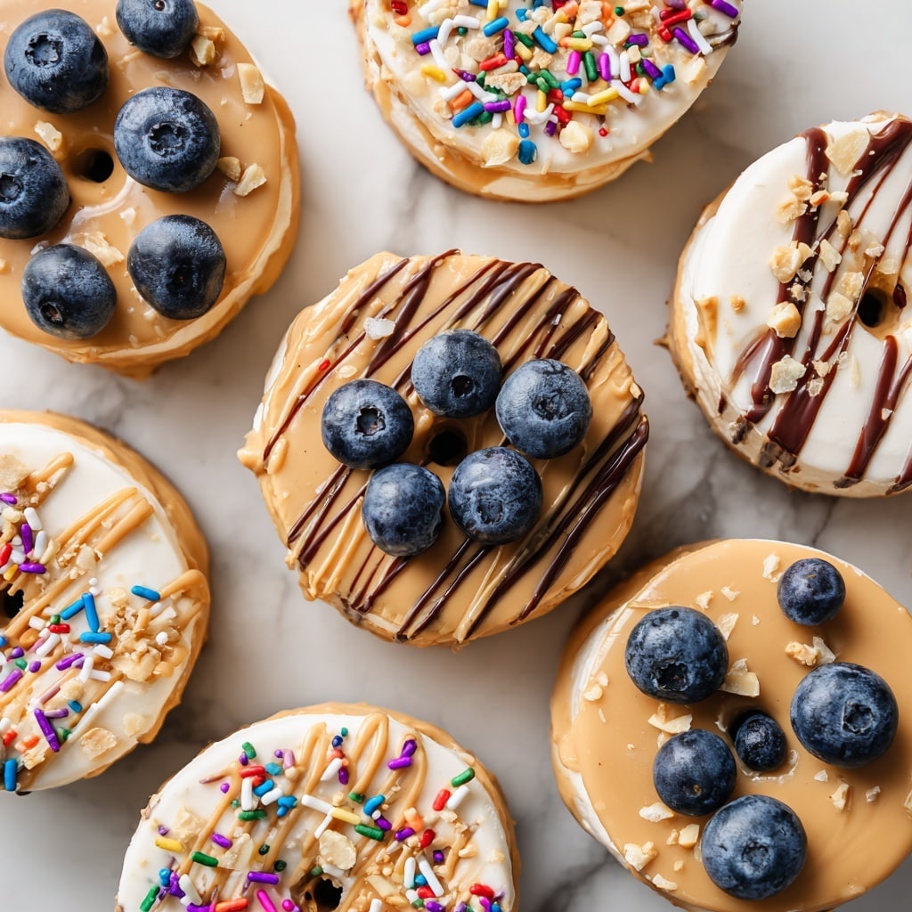 The image shows multiple doughnut-shaped treats arranged closely on a white marbled surface. Each doughnut has a thick beige peanut butter layer on top, covering the entire ring shape. Some doughnuts are decorated with small fresh blueberries placed evenly around the edges, drizzled with off-white creamy frosting on top. Others have colorful round and rod-shaped sprinkles scattered over the peanut butter layer. A few doughnuts are decorated with a dark glossy chocolate drizzle in a loose zigzag pattern. The overall texture is smooth peanut butter with shiny accents from the blueberries, frosting, and chocolate. Photo taken with an iphone --ar 4:5 --v 7