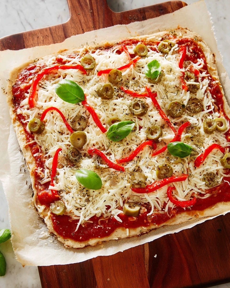 The image shows several square slices of pizza stacked and spread out on a white marbled surface. Each slice has three clear layers: the bottom layer is a light, slightly crumbly crust; the middle layer is a vivid red tomato sauce; and the top layer is melted golden-brown cheese mixed with red bell pepper pieces and sliced green olives. There are also small dried herbs sprinkled on top. A few fresh green basil leaves and white basil flowers are placed around the pizza slices, adding a fresh contrast to the warm colors. Photo taken with an iphone --ar 4:5 --v 7