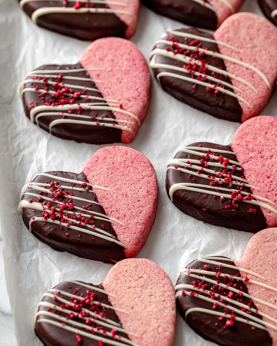 A close-up of round cookies with a pink textured base layer, each cookie half-covered in smooth dark chocolate. The chocolate layer is decorated with white zigzag lines and sprinkled with red powder. One cookie is held by a woman's hand, showing a bite taken from the chocolate-covered side, revealing the crumbly pink interior. The cookies are arranged on a white plate that sits on a white marbled surface. photo taken with an iphone --ar 4:5 --v 7