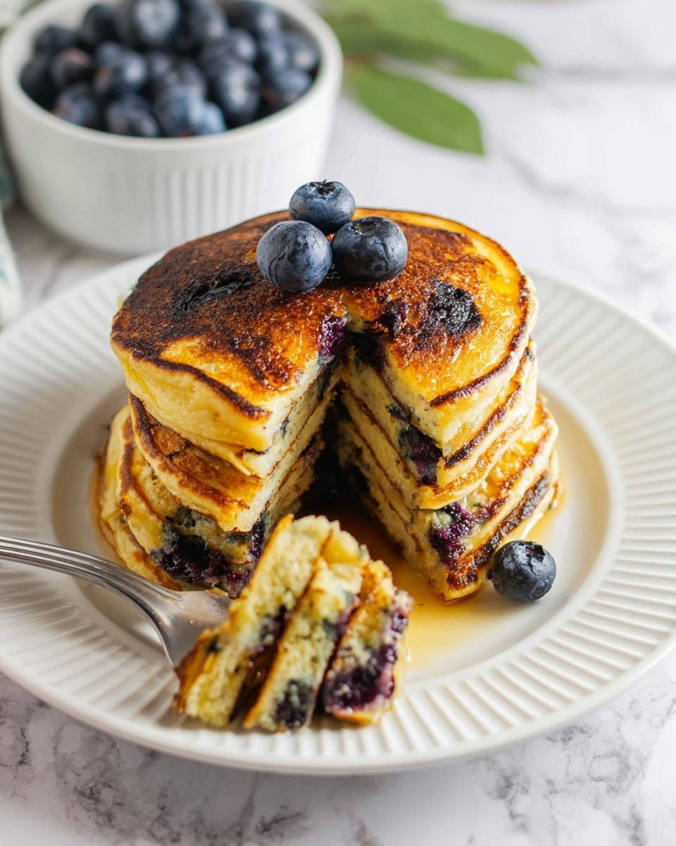 A stack of five thick, golden-brown blueberry pancakes is placed in the center of a white plate with ridged edges. The top pancake shows a slightly crispy texture with three fresh blueberries resting on it. One slice is cut out and held on a fork, showing four soft, fluffy layers inside with visible blueberries and light browning on the edges. One extra blueberry sits on the plate near the stack. In the background, a white bowl filled with more blueberries and some green leaves can be seen, all set on a white marbled surface. photo taken with an iphone --ar 4:5 --v 7