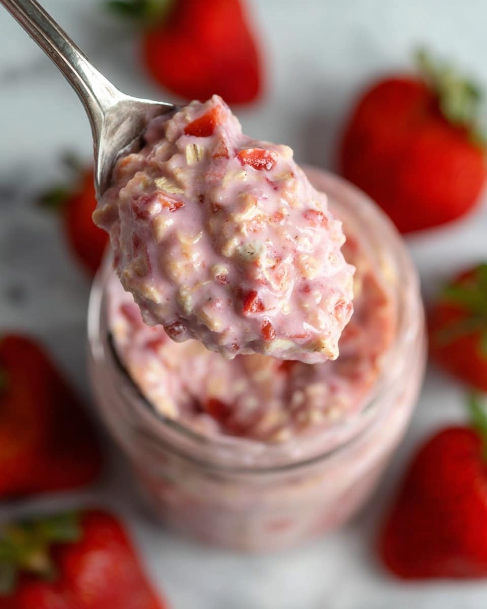 Two clear glass jars are filled with a strawberry pink creamy mixture that looks thick and textured. The mixture has small black chia seeds visible throughout and large chunks of fresh strawberries, giving it a mix of soft pink and bright red colors. The jars are placed on a white marbled surface with a few fresh red strawberries with green tops scattered around them. The overall look is fresh, healthy, and inviting with the creamy, dotted texture and bright pops of strawberry. photo taken with an iphone --ar 4:5 --v 7