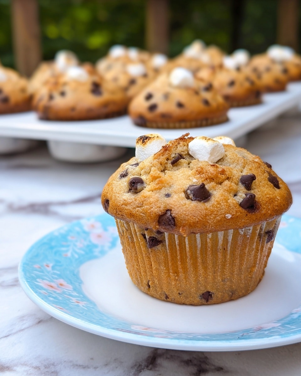 A close-up view of a golden brown muffin with a slightly crisp top, studded with dark chocolate chips and toasted white marshmallows peeking through the surface, sitting on a white plate with a light blue floral design. In the background, there is a white rectangular tray holding more muffins, all with the same texture and chocolate chip details. The scene is set on a white marbled surface with a blurred green background suggesting an outdoor setting. photo taken with an iphone --ar 4:5 --v 7