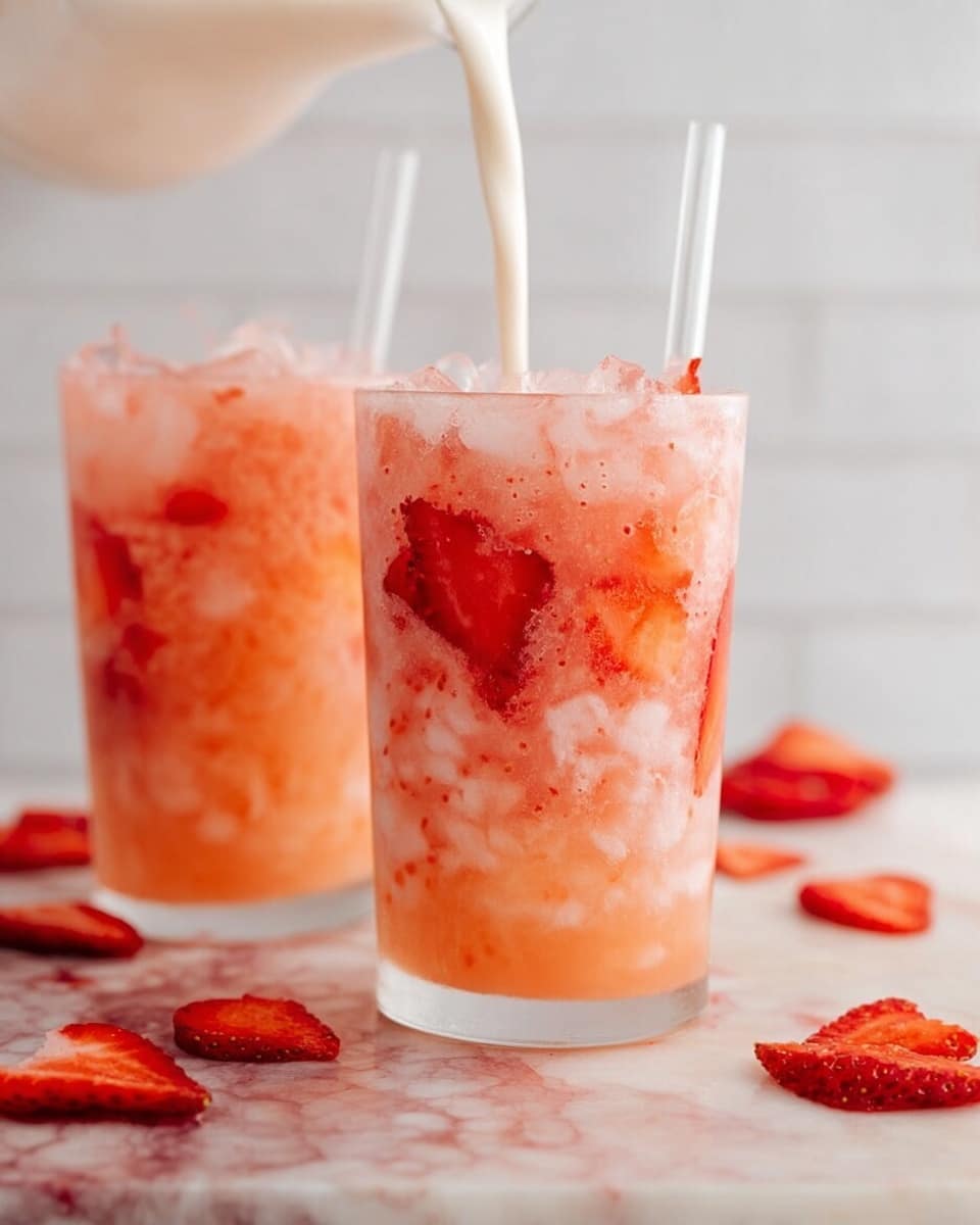Two clear plastic cups filled with a light pink drink containing small ice cubes and visible red strawberry slices spread evenly throughout the beverage. Each cup has a clear dome lid with a transparent straw sticking out from the center. The drinks are placed on a pale surface with scattered dried strawberry pieces around them, and the background shows a white marbled texture. photo taken with an iphone --ar 4:5 --v 7