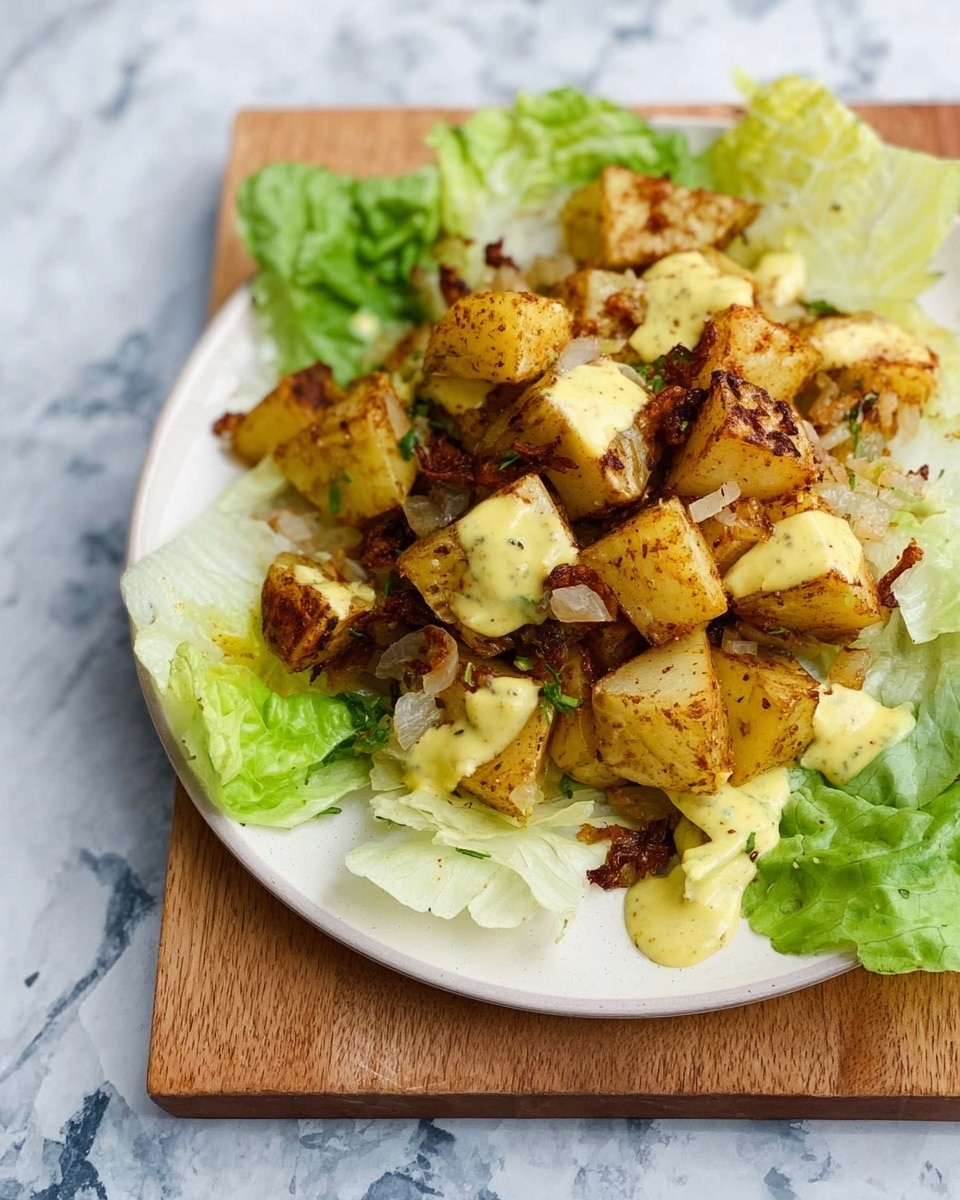 A white plate holds a bed of fresh light green lettuce leaves as the bottom layer. On top, there is a generous pile of golden brown roasted potato chunks mixed with small pieces of dark, caramelized onions. Creamy light yellow sauce is drizzled unevenly over the top, adding a soft texture and color contrast to the warm, crispy potatoes. The background is a white marbled texture. photo taken with an iphone --ar 4:5 --v 7